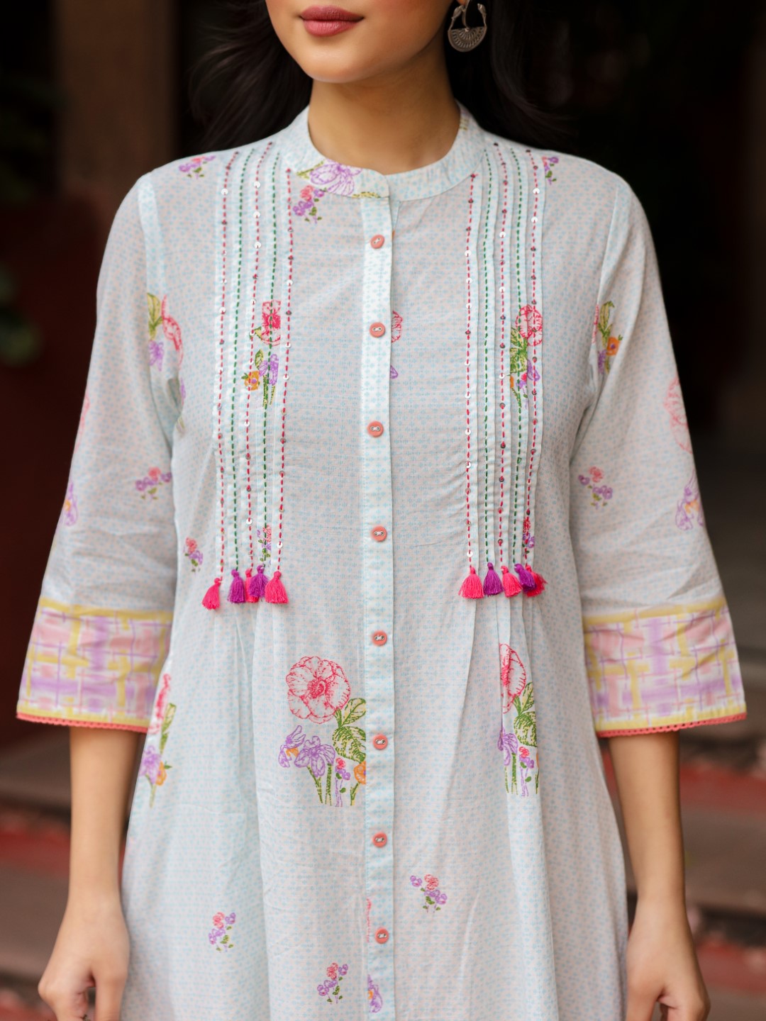 Mint Floral Printed Pure Cotton Dress With Sequins Work | DesiQlo