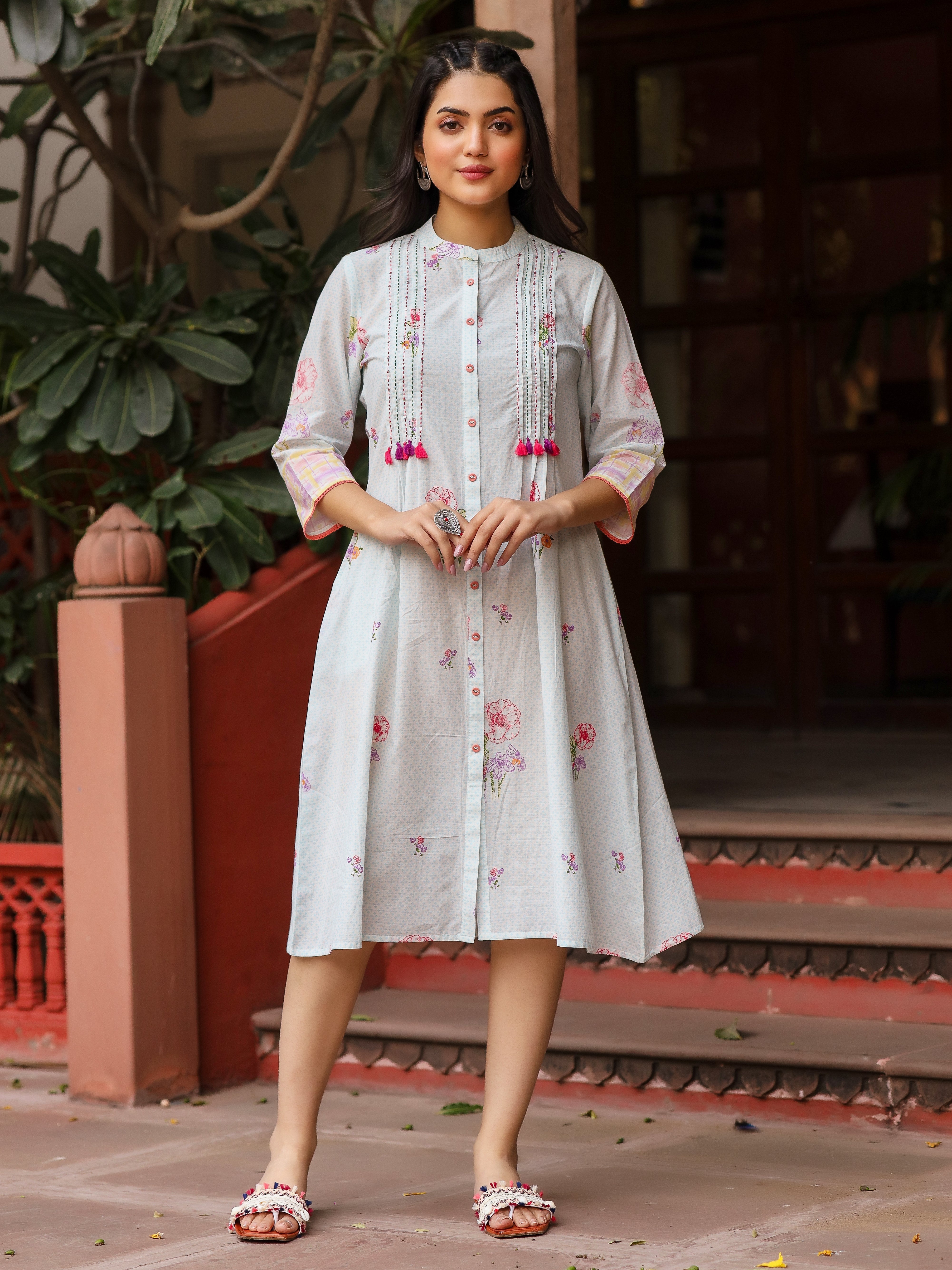 Mint Floral Printed Pure Cotton Dress With Sequins Work | DesiQlo