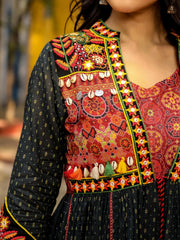 Black Cotton Ethnic Motif Printed Fit & Flare Layered Maxi Dress With Thread Embroidery & Tassels-S4525BLACK