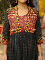 Black Cotton Ethnic Motif Printed Fit & Flare Layered Maxi Dress With Thread Embroidery & Tassels-S4525BLACK