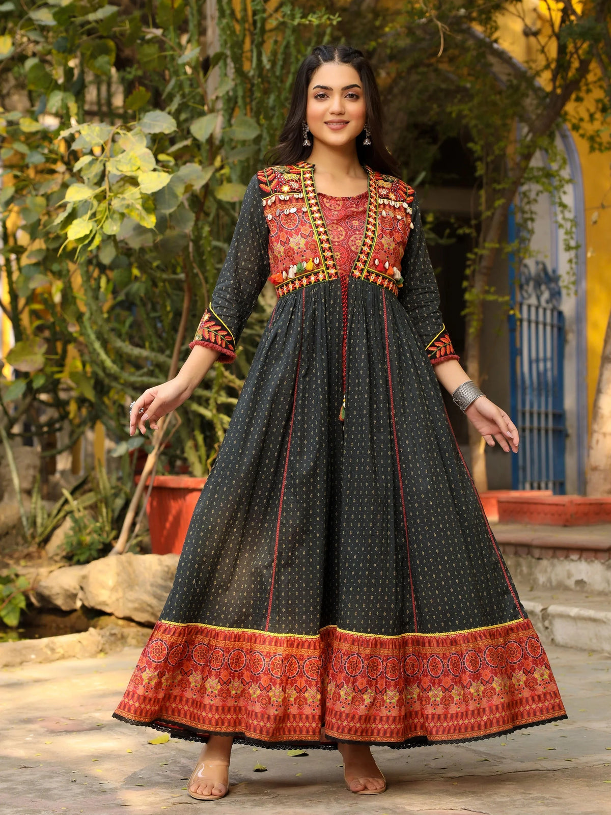 Black Cotton Ethnic Motif Printed Fit & Flare Layered Maxi Dress With Thread Embroidery & Tassels-S4525BLACK