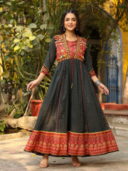 Black Cotton Ethnic Motif Printed Fit & Flare Layered Maxi Dress With Thread Embroidery & Tassels-S4525BLACK