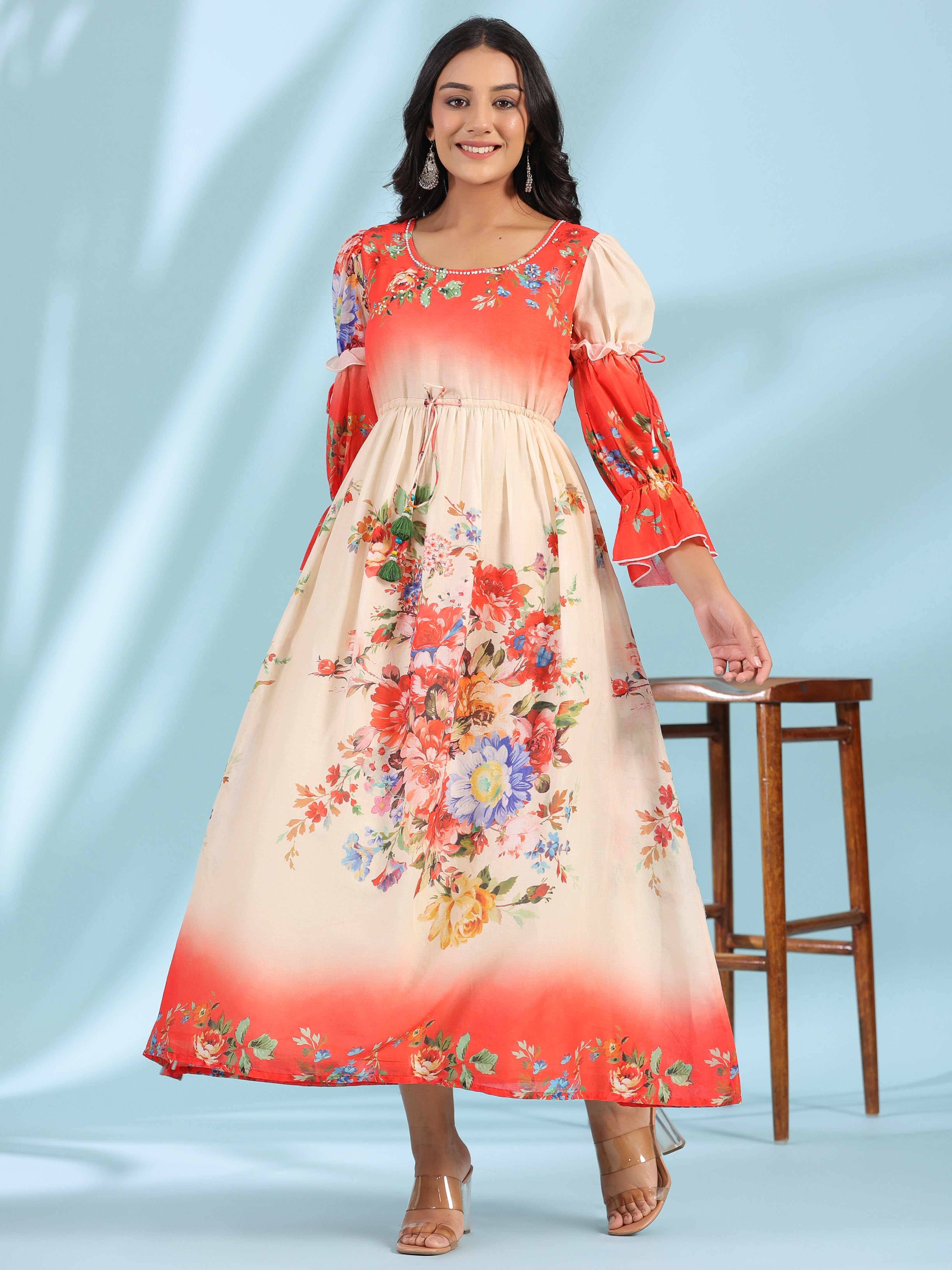 Off-White Floral Printed Cotton Maxi Dress With Beads & Sequins Work |