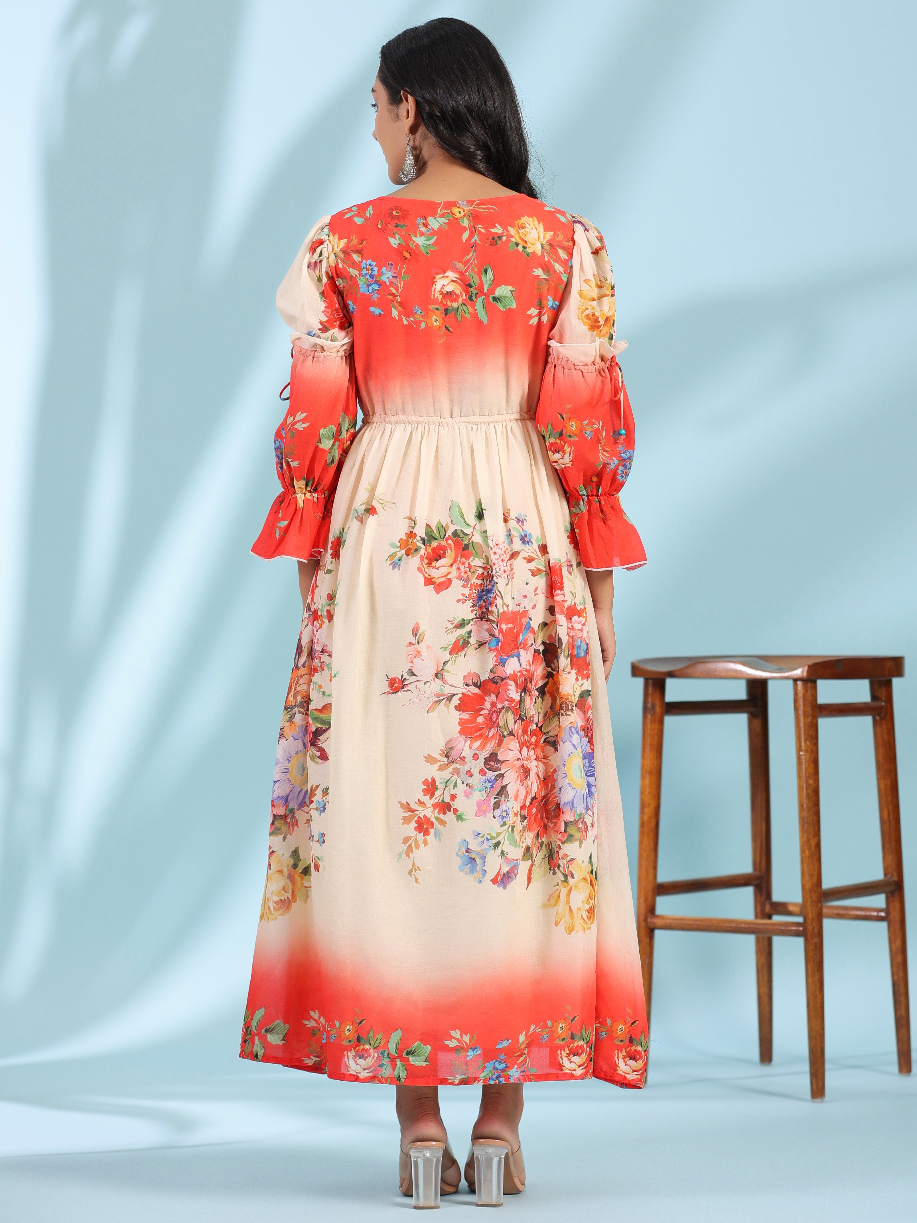 Off-White Floral Printed Cotton Maxi Dress With Beads & Sequins Work |