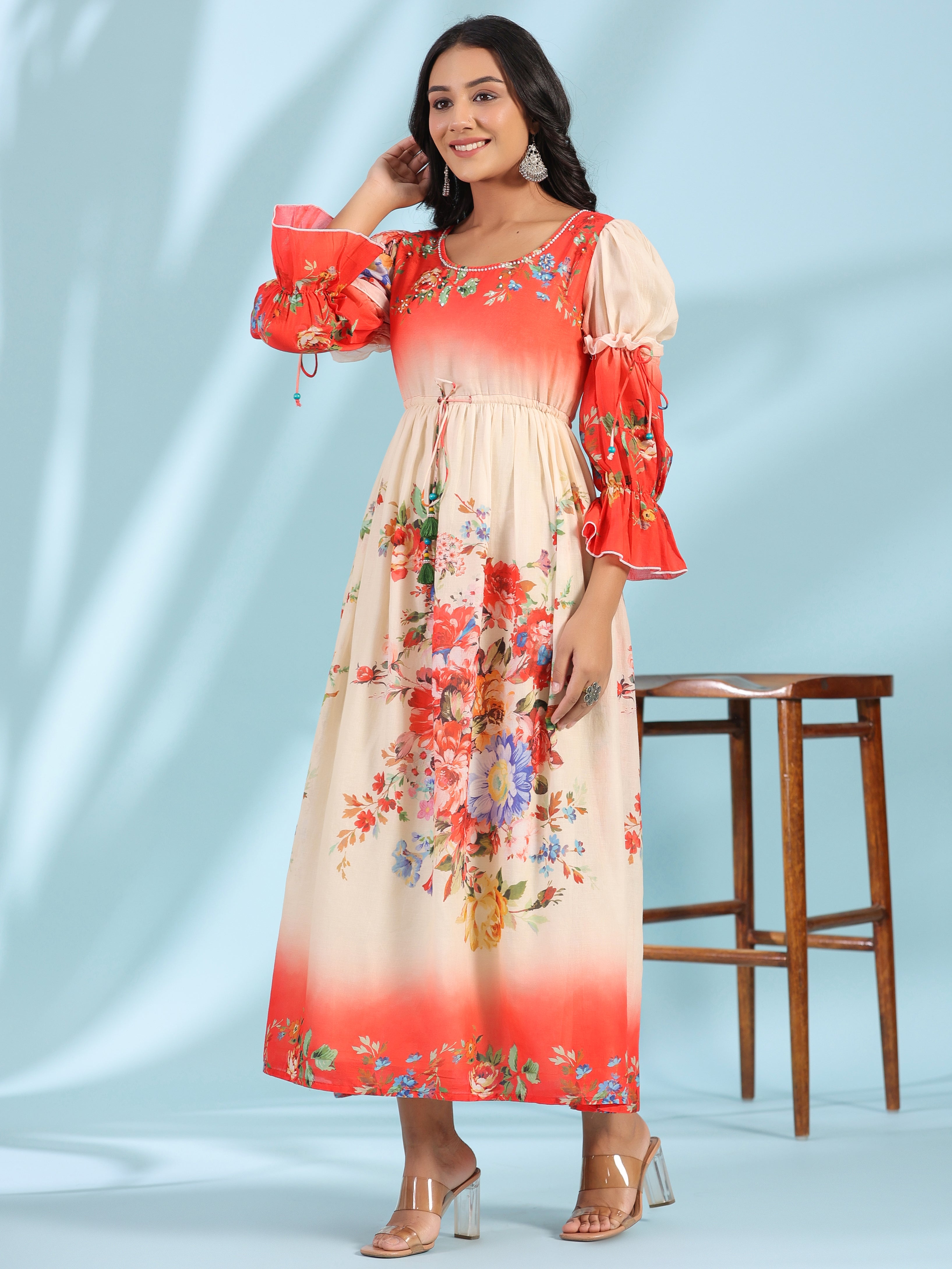 Off-White Floral Printed Cotton Maxi Dress With Beads & Sequins Work |