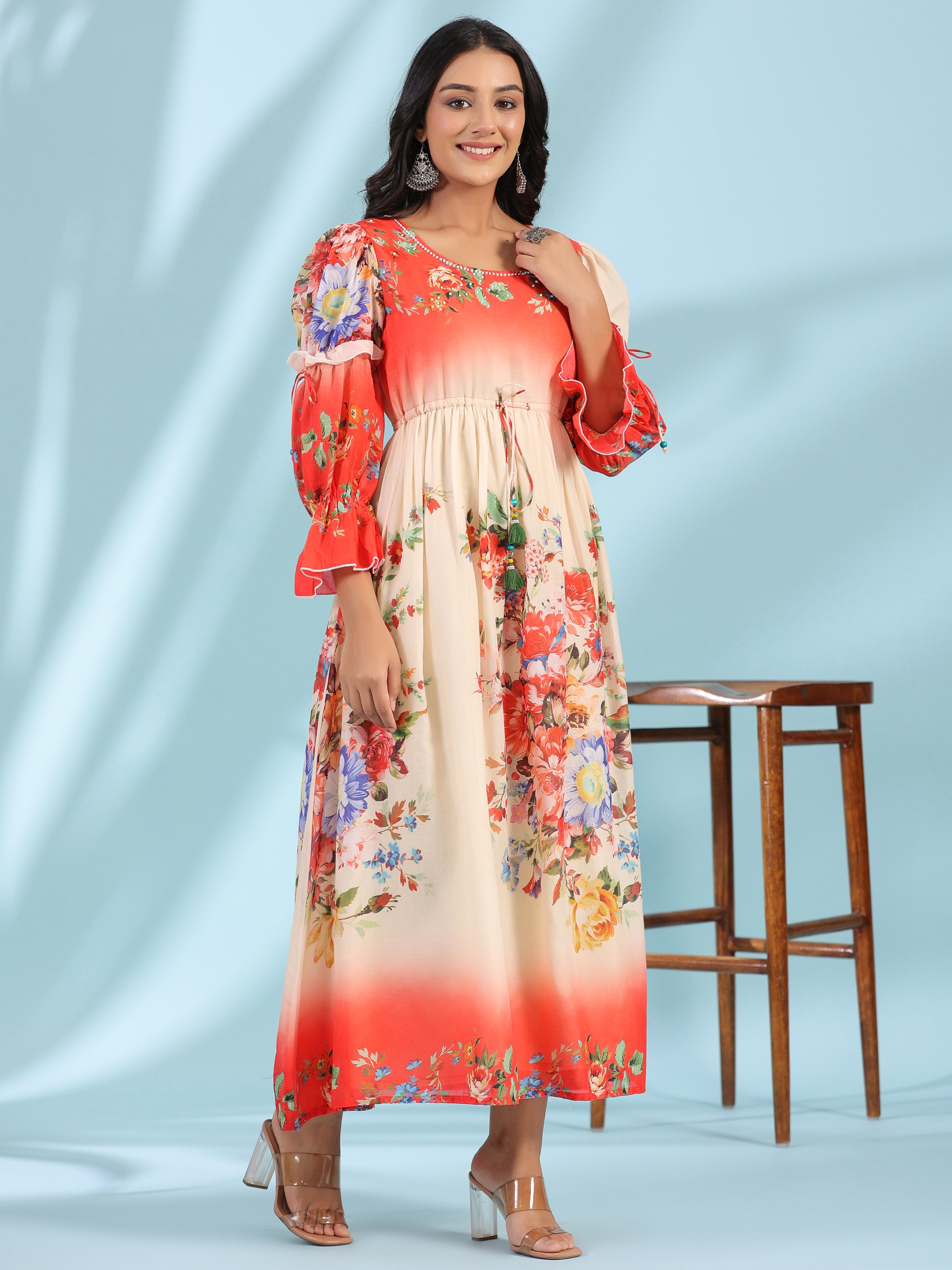 Off-White Floral Printed Cotton Maxi Dress With Beads & Sequins Work |
