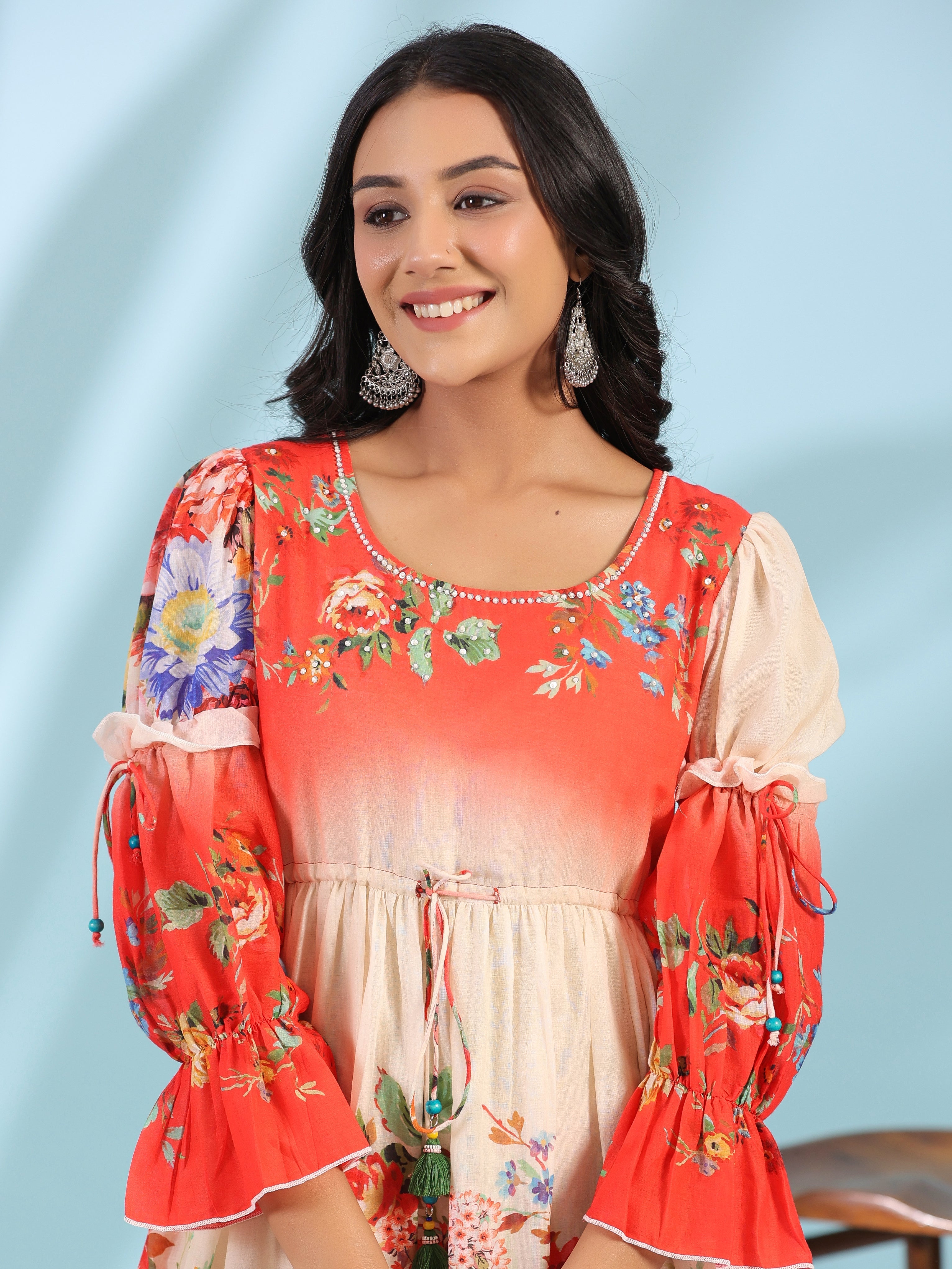 Off-White Floral Printed Cotton Maxi Dress With Beads & Sequins Work |