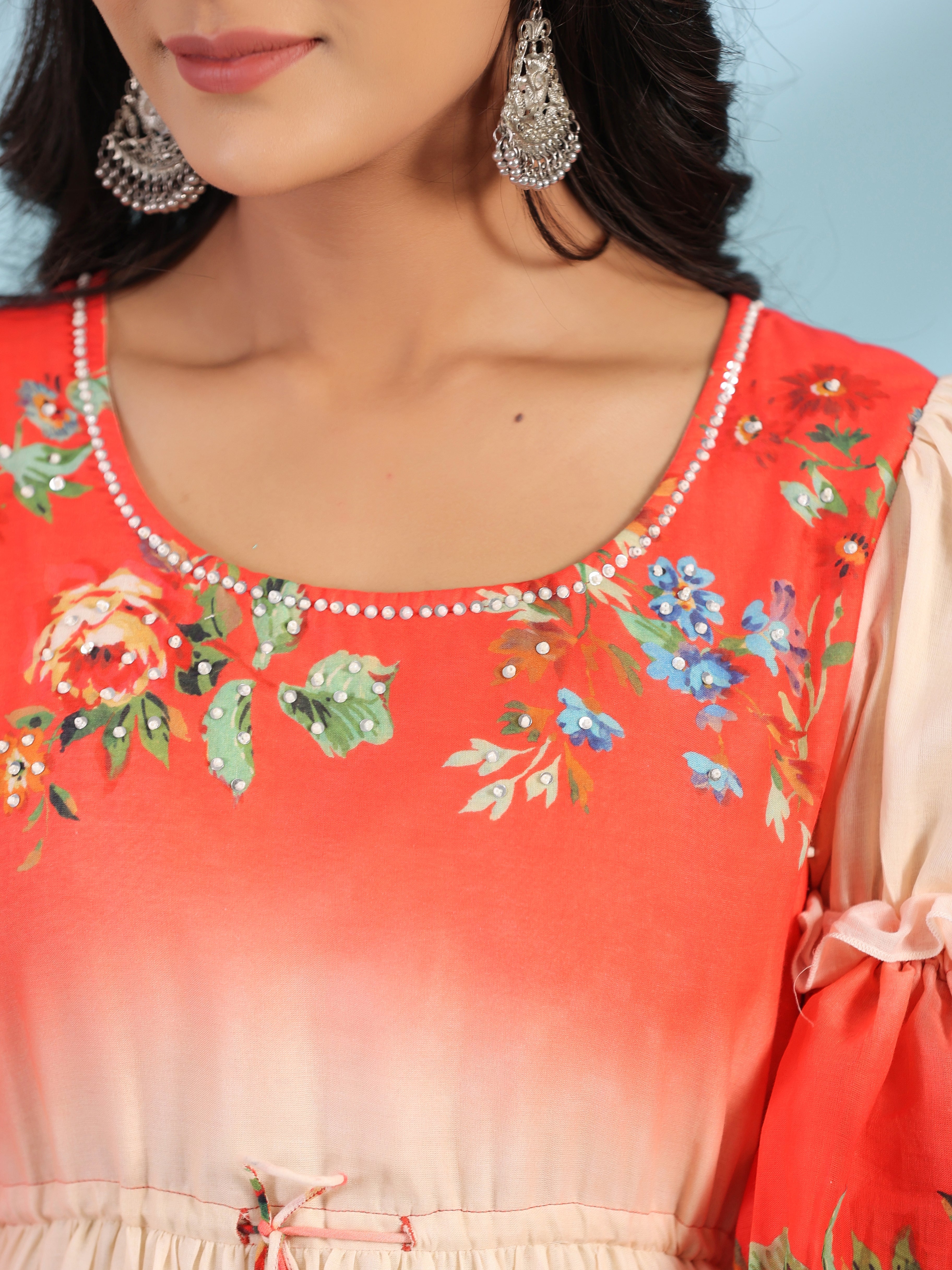 Off-White Floral Printed Cotton Maxi Dress With Beads & Sequins Work |
