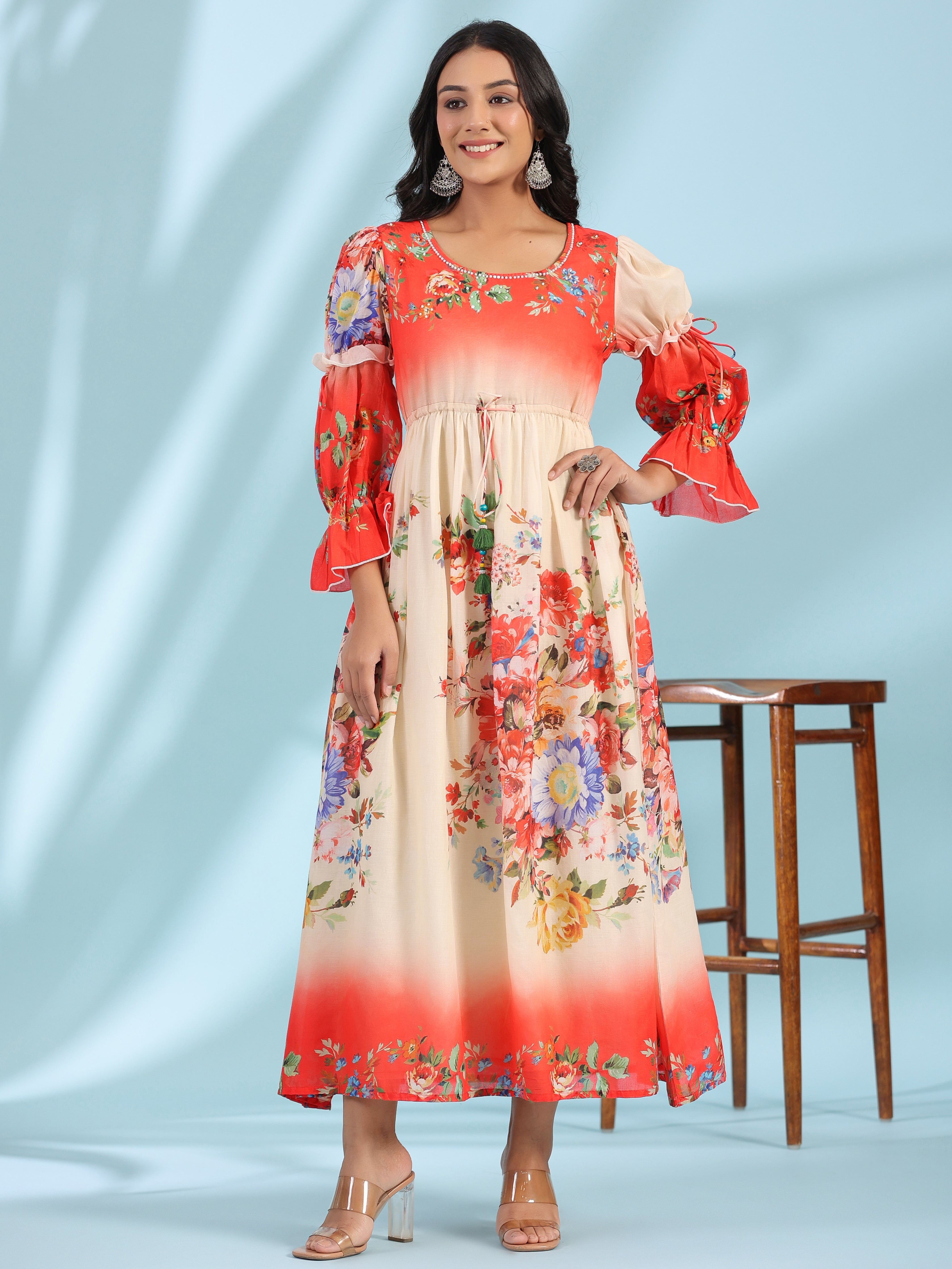 Off-White Floral Printed Cotton Maxi Dress With Beads & Sequins Work |