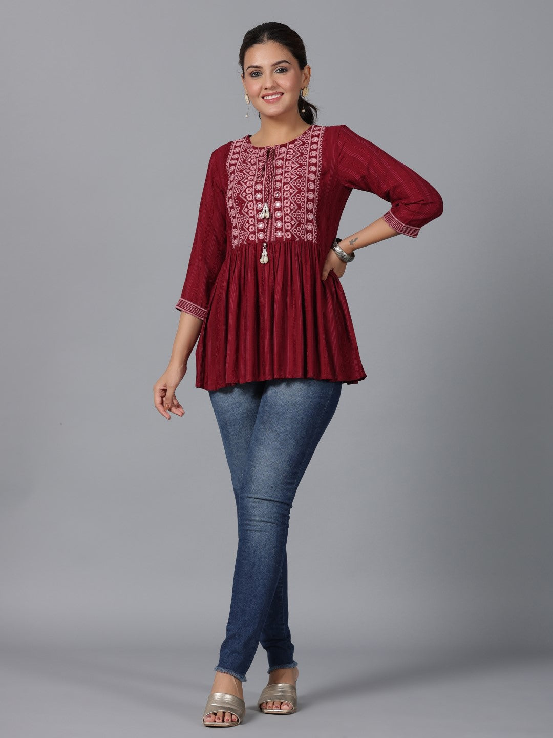 Maroon Geometric Printed Rayon Tunic With Thread Work | DesiQlo