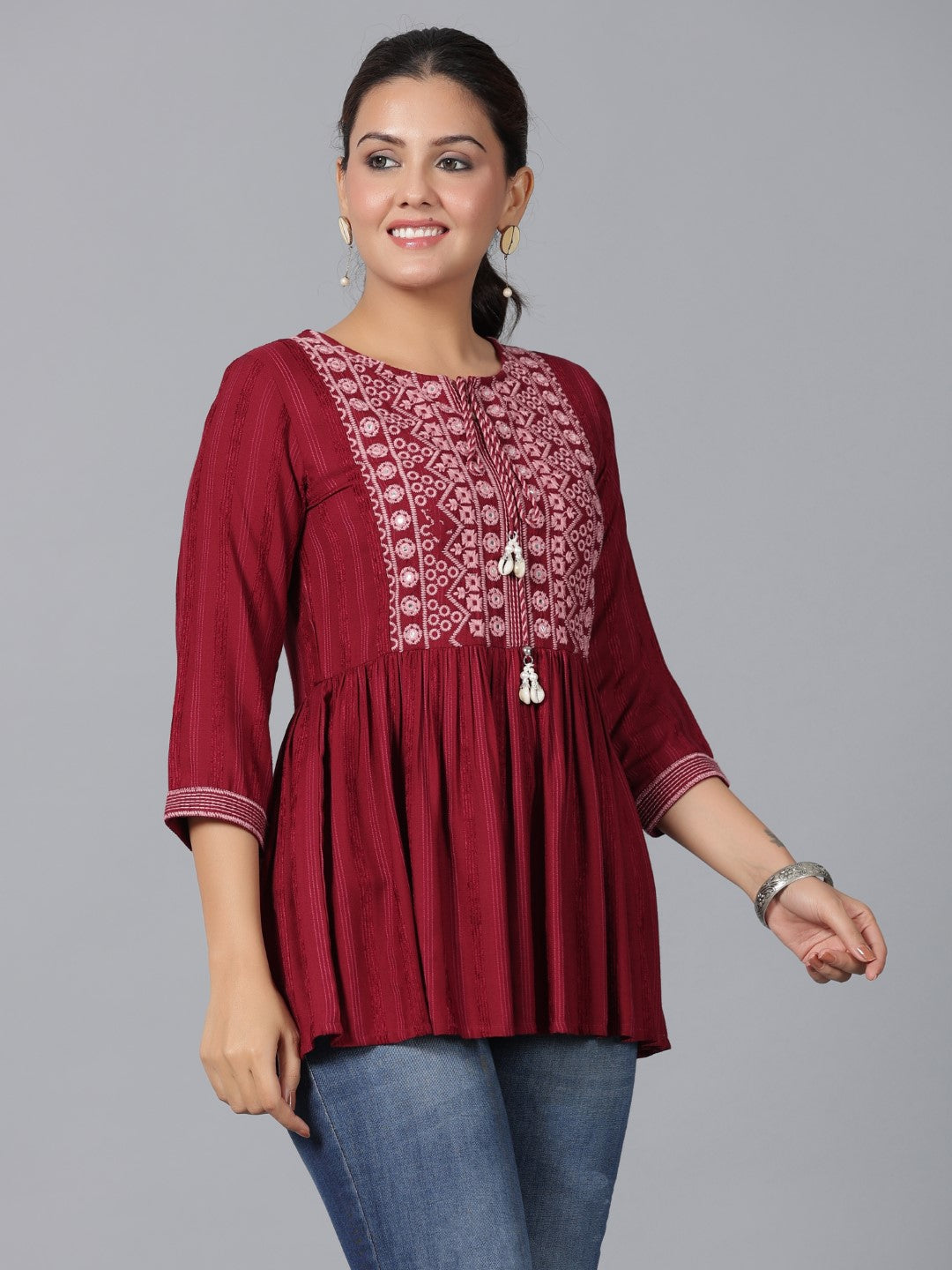 Maroon Geometric Printed Rayon Tunic With Thread Work | DesiQlo