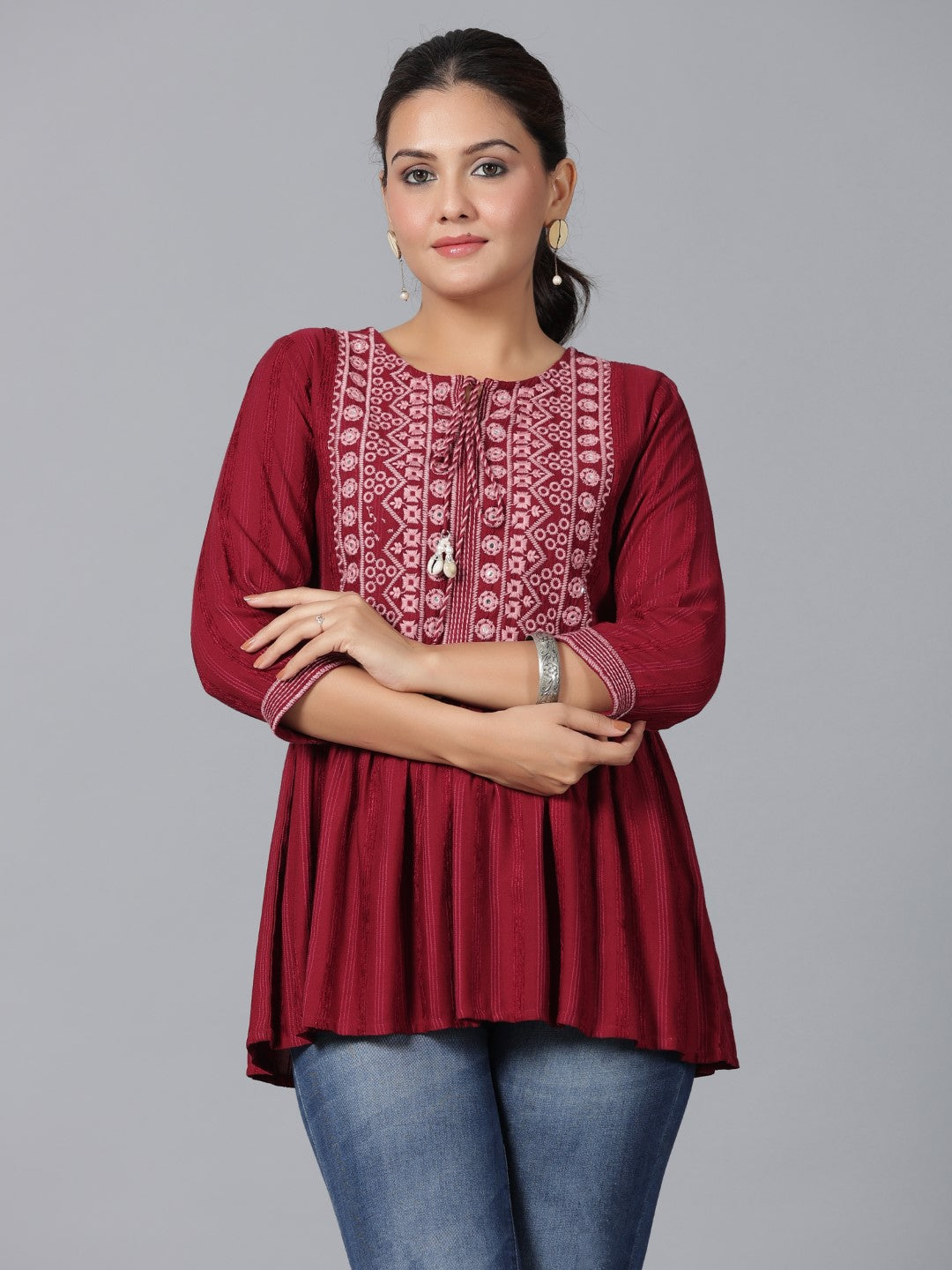 Maroon Geometric Printed Rayon Tunic With Thread Work | DesiQlo