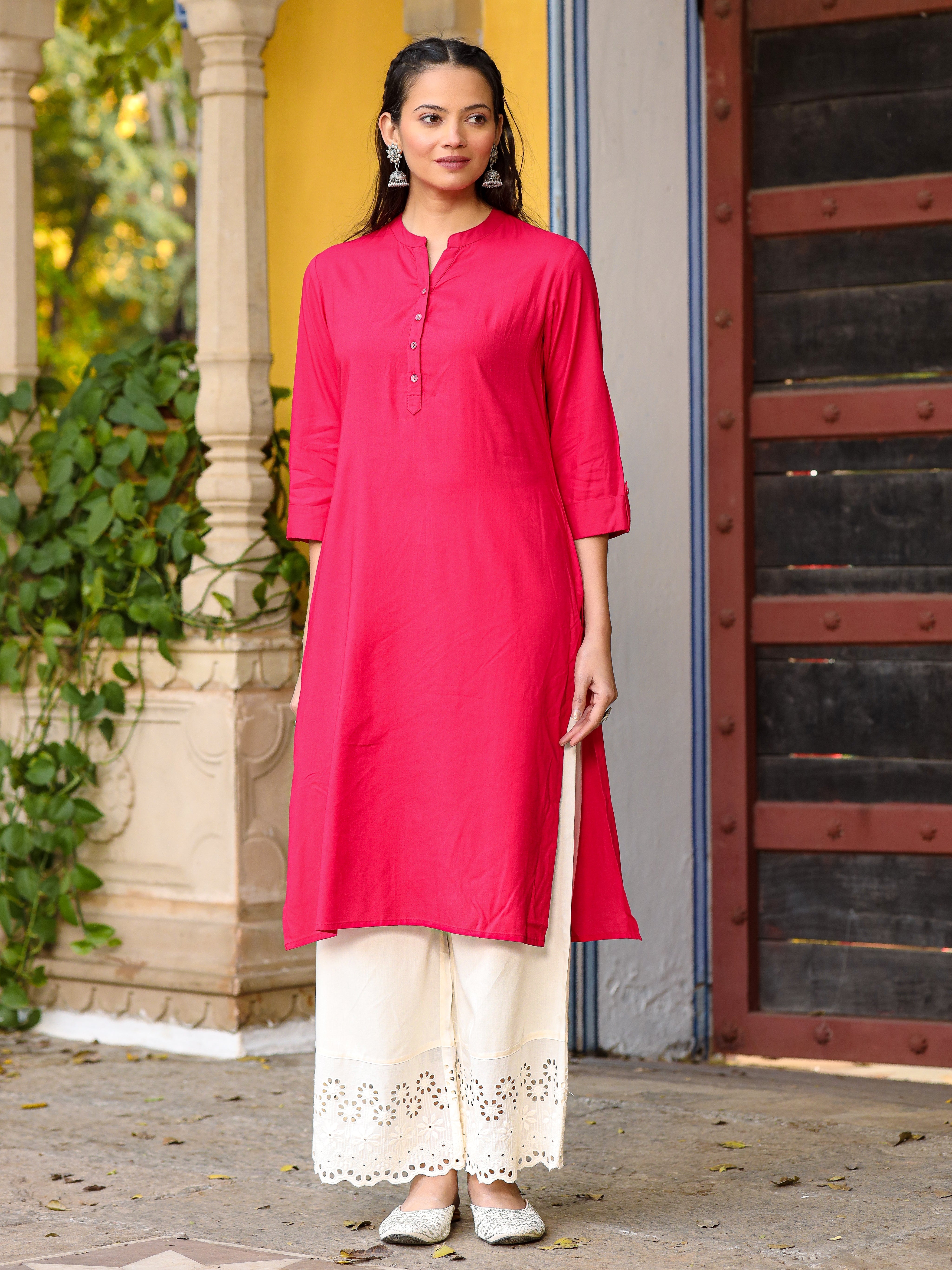 Pink Solid Modal Rayon Straight Kurta With Half Placket At Front | Des