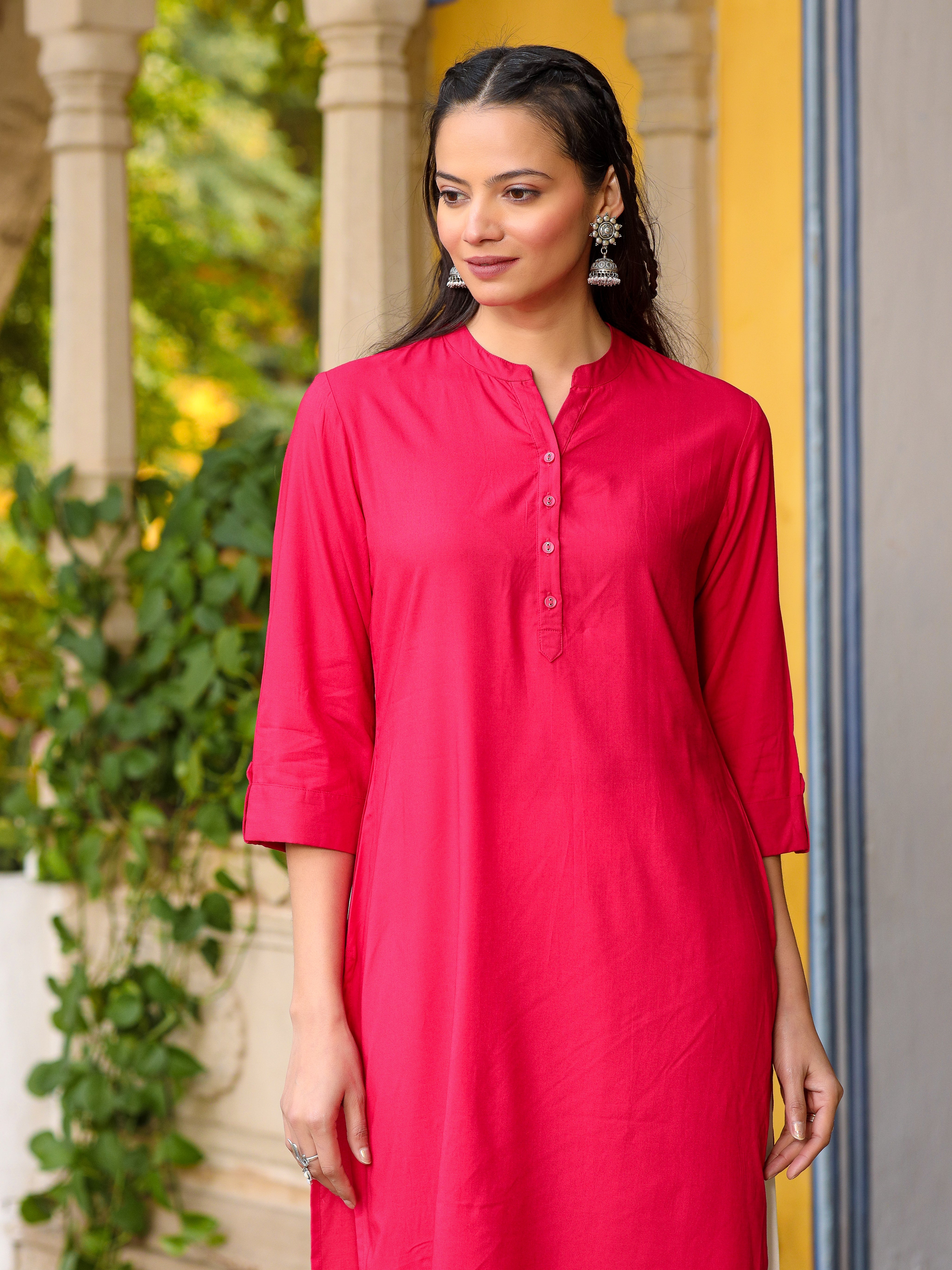 Pink Solid Modal Rayon Straight Kurta With Half Placket At Front | Des