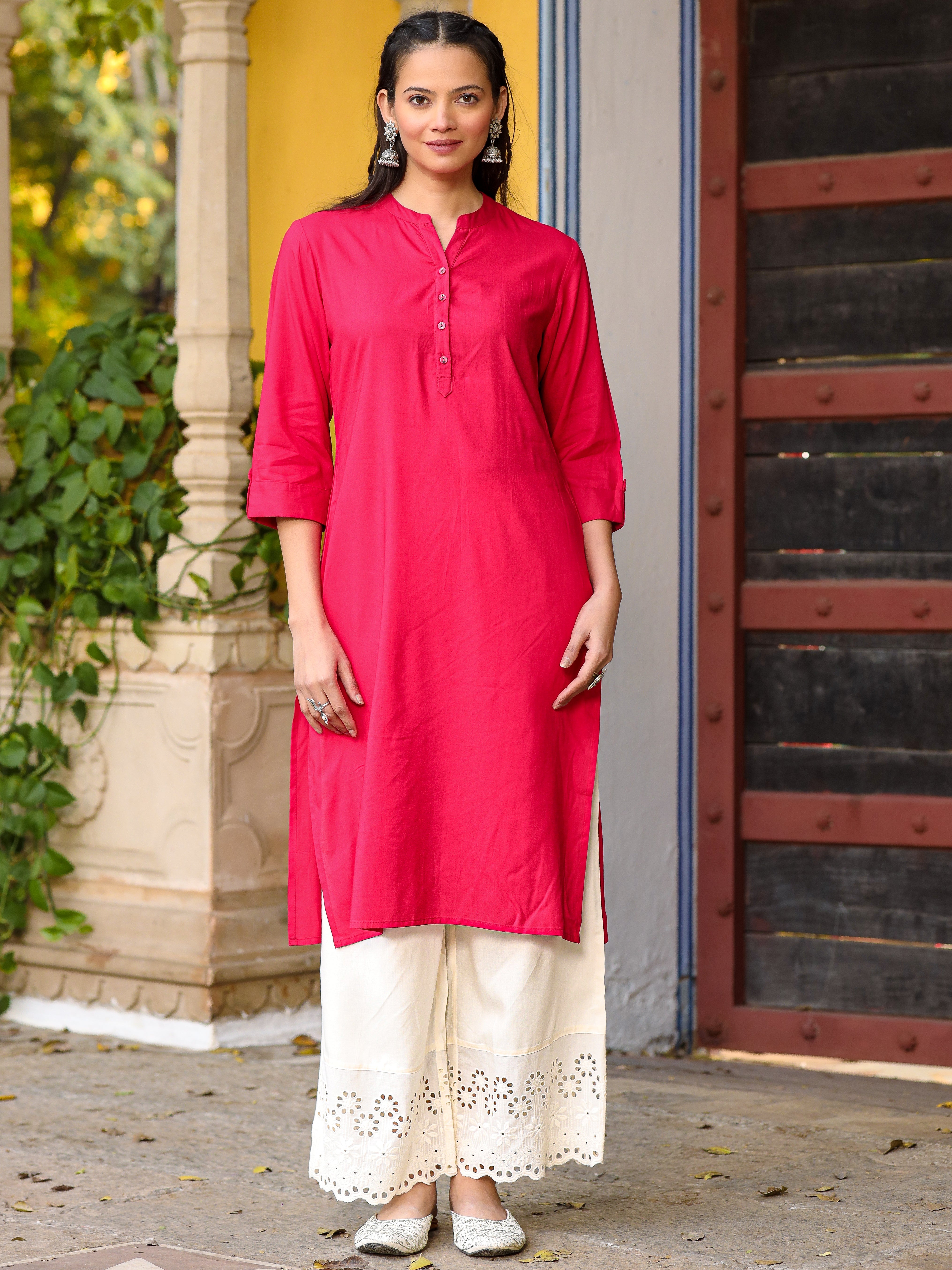 Pink Solid Modal Rayon Straight Kurta With Half Placket At Front | Des