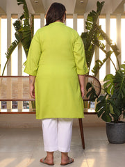 Lime Green Modal Rayon Slub Plus Size Kurta Boasts A Mandarin Collar And Stylish Three-Quarter Roll-Up Sleeves For A Sophisticated Look That Effortlessly Blends Comfort With Elegance.-S4539PLUSLIME