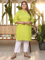 Lime Green Modal Rayon Slub Plus Size Kurta Boasts A Mandarin Collar And Stylish Three-Quarter Roll-Up Sleeves For A Sophisticated Look That Effortlessly Blends Comfort With Elegance.-S4539PLUSLIME