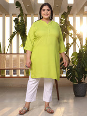 Lime Green Modal Rayon Slub Plus Size Kurta Boasts A Mandarin Collar And Stylish Three-Quarter Roll-Up Sleeves For A Sophisticated Look That Effortlessly Blends Comfort With Elegance.-S4539PLUSLIME