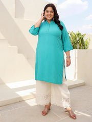 Teal Modal Rayon Slub Plus Size Kurta Boasts A Mandarin Collar And Stylish Three-Quarter Roll-Up Sleeves For A Sophisticated Look That Effortlessly Blends Comfort With Elegance.-S4539PLUSTEAL