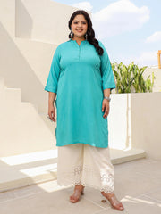 Teal Modal Rayon Slub Plus Size Kurta Boasts A Mandarin Collar And Stylish Three-Quarter Roll-Up Sleeves For A Sophisticated Look That Effortlessly Blends Comfort With Elegance.-S4539PLUSTEAL