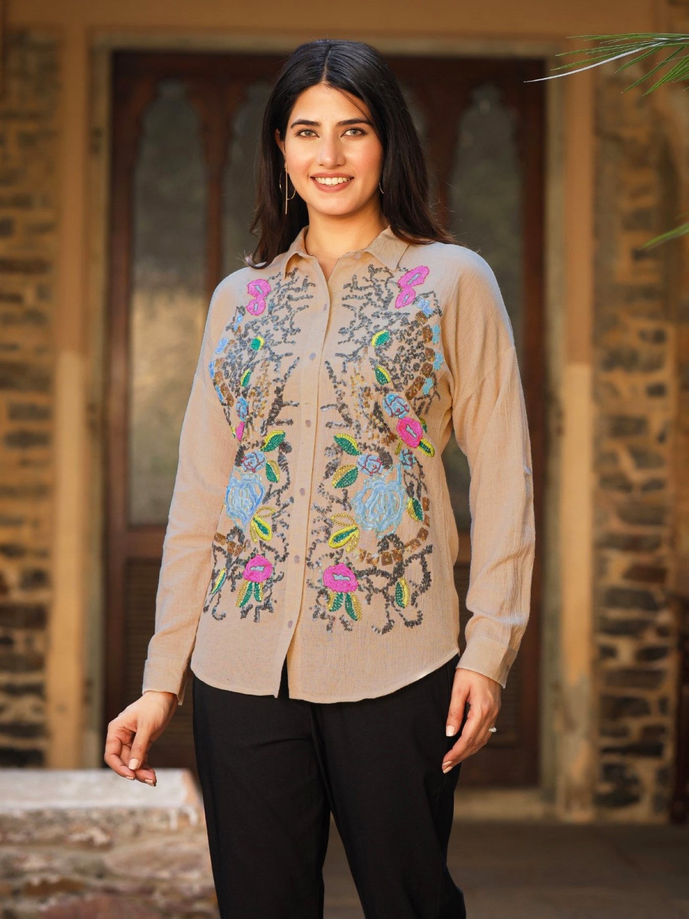 Rayon Flex Embroidered Women's Shirt - Brown | DesiQlo