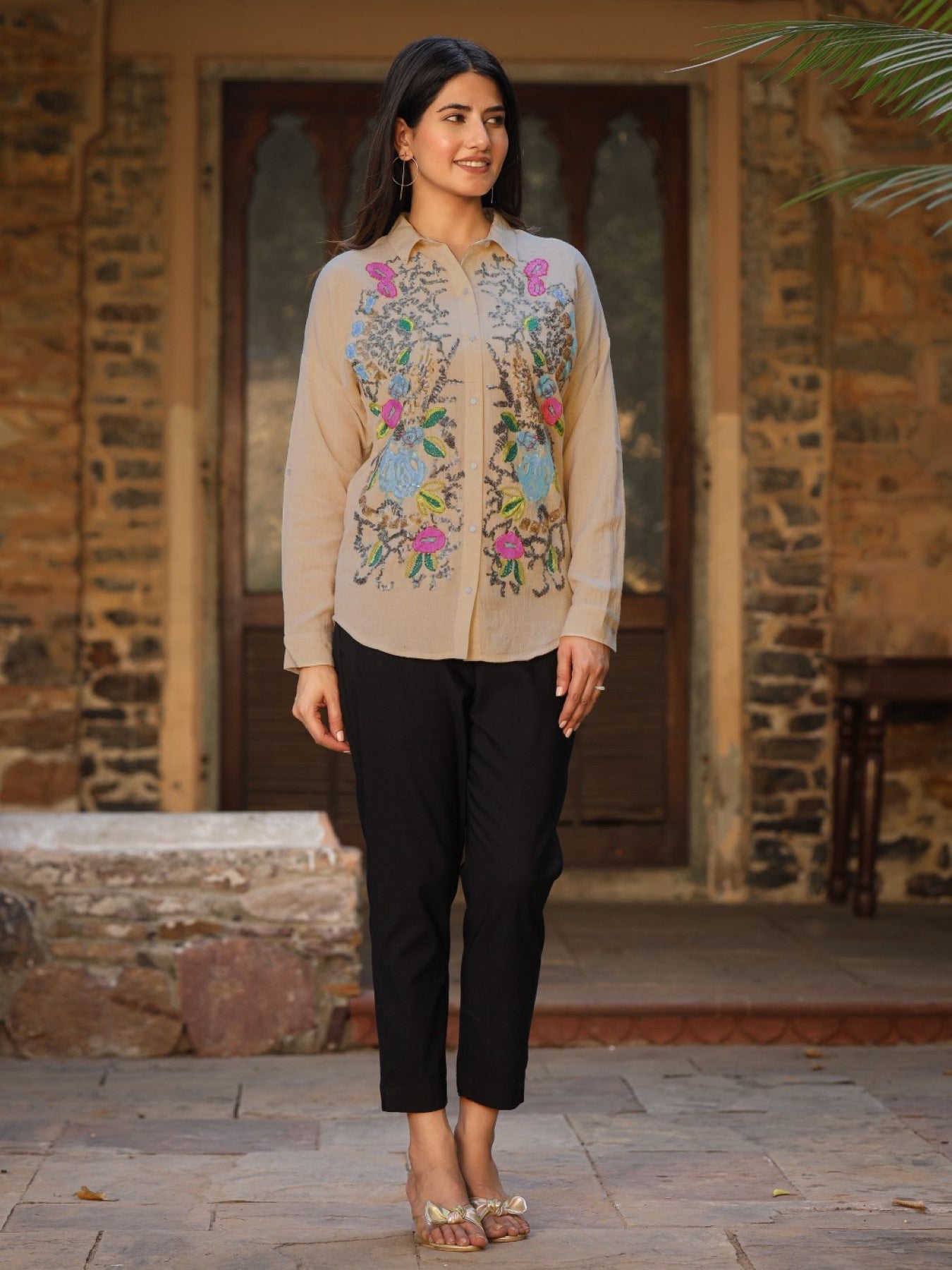 Rayon Flex Embroidered Women's Shirt - Brown | DesiQlo