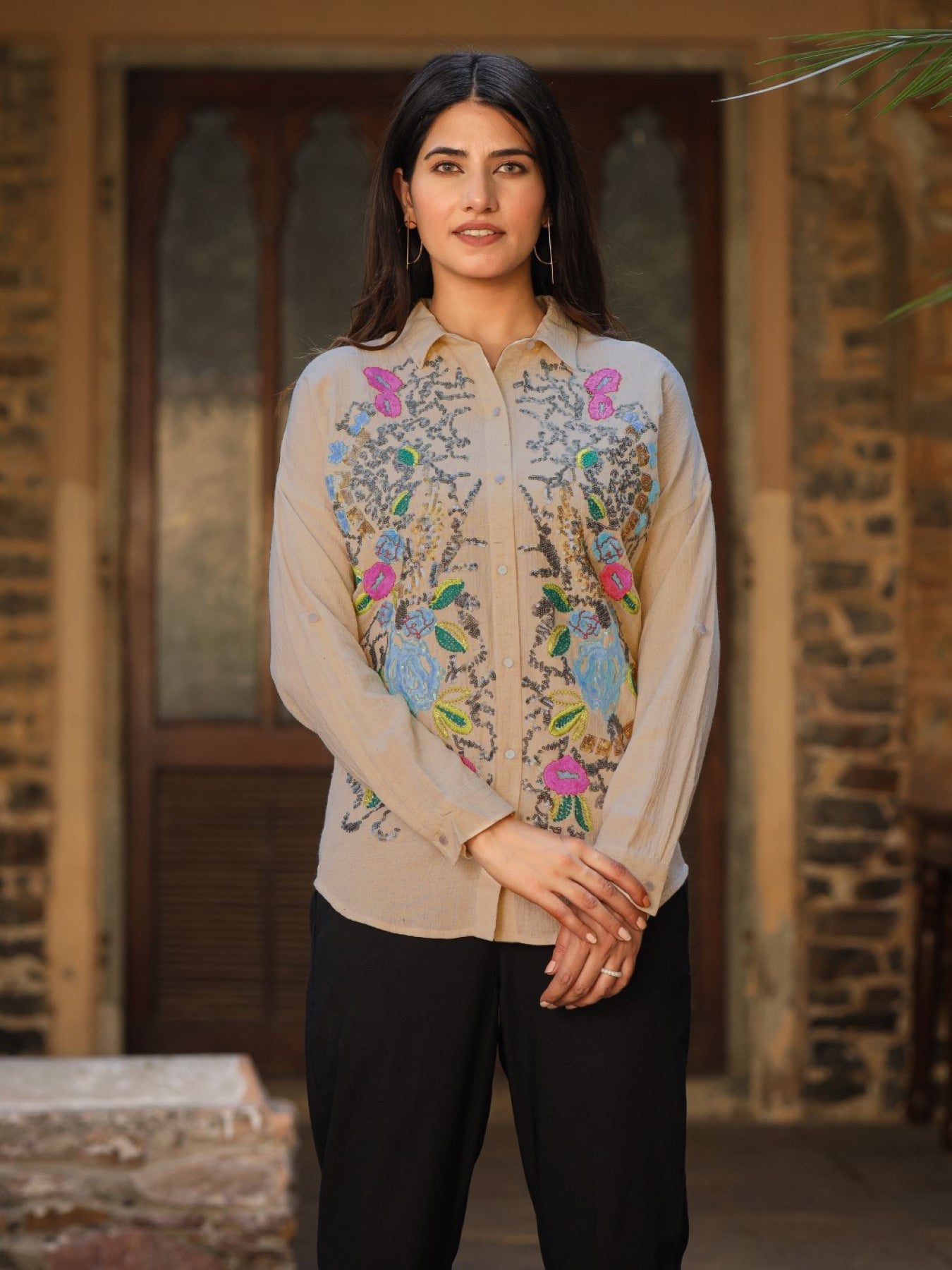 Rayon Flex Embroidered Women's Shirt - Brown | DesiQlo
