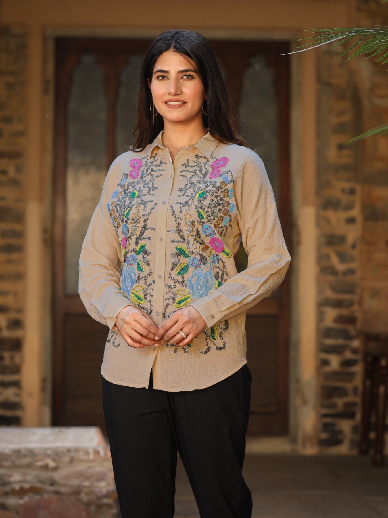 Rayon Flex Embroidered Women's Shirt - Brown | DesiQlo