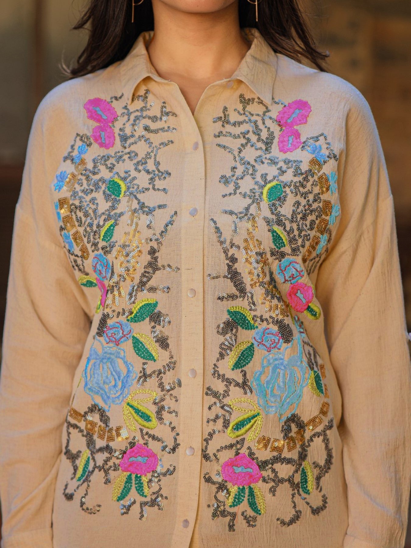 Rayon Flex Embroidered Women's Shirt - Brown | DesiQlo