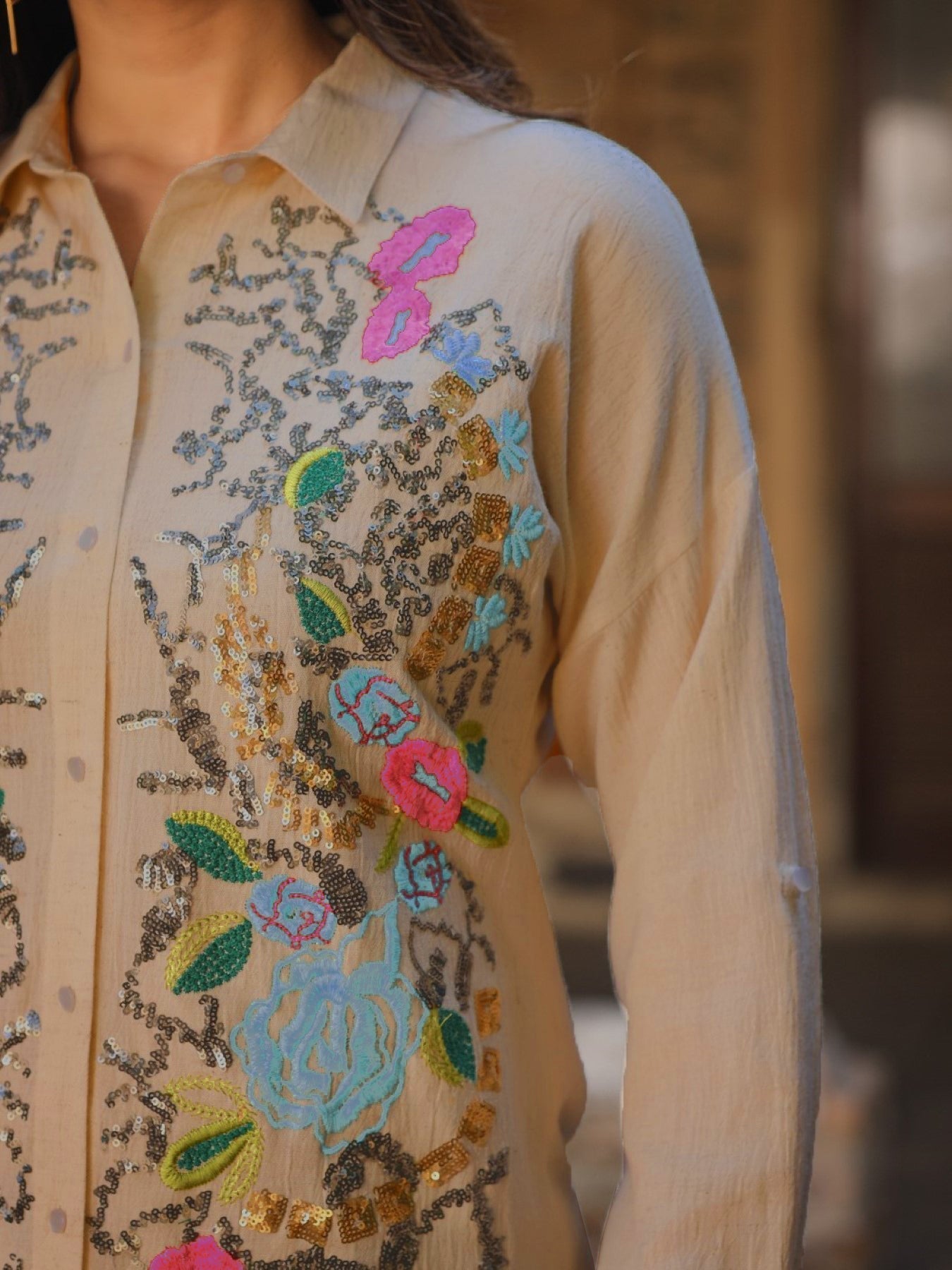 Rayon Flex Embroidered Women's Shirt - Brown | DesiQlo