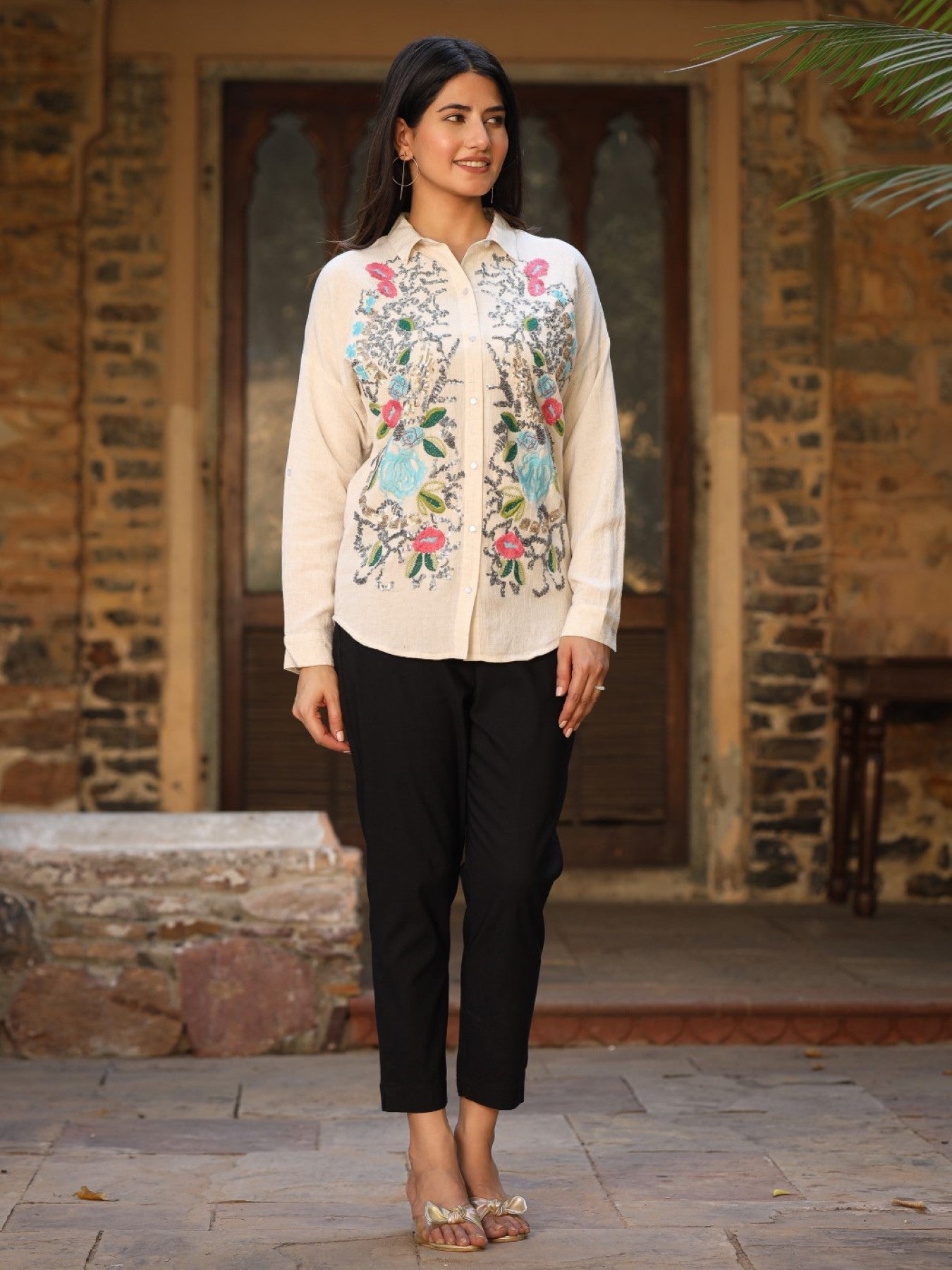 Rayon Flex Embroidered Women's Shirt - Beige | DesiQlo