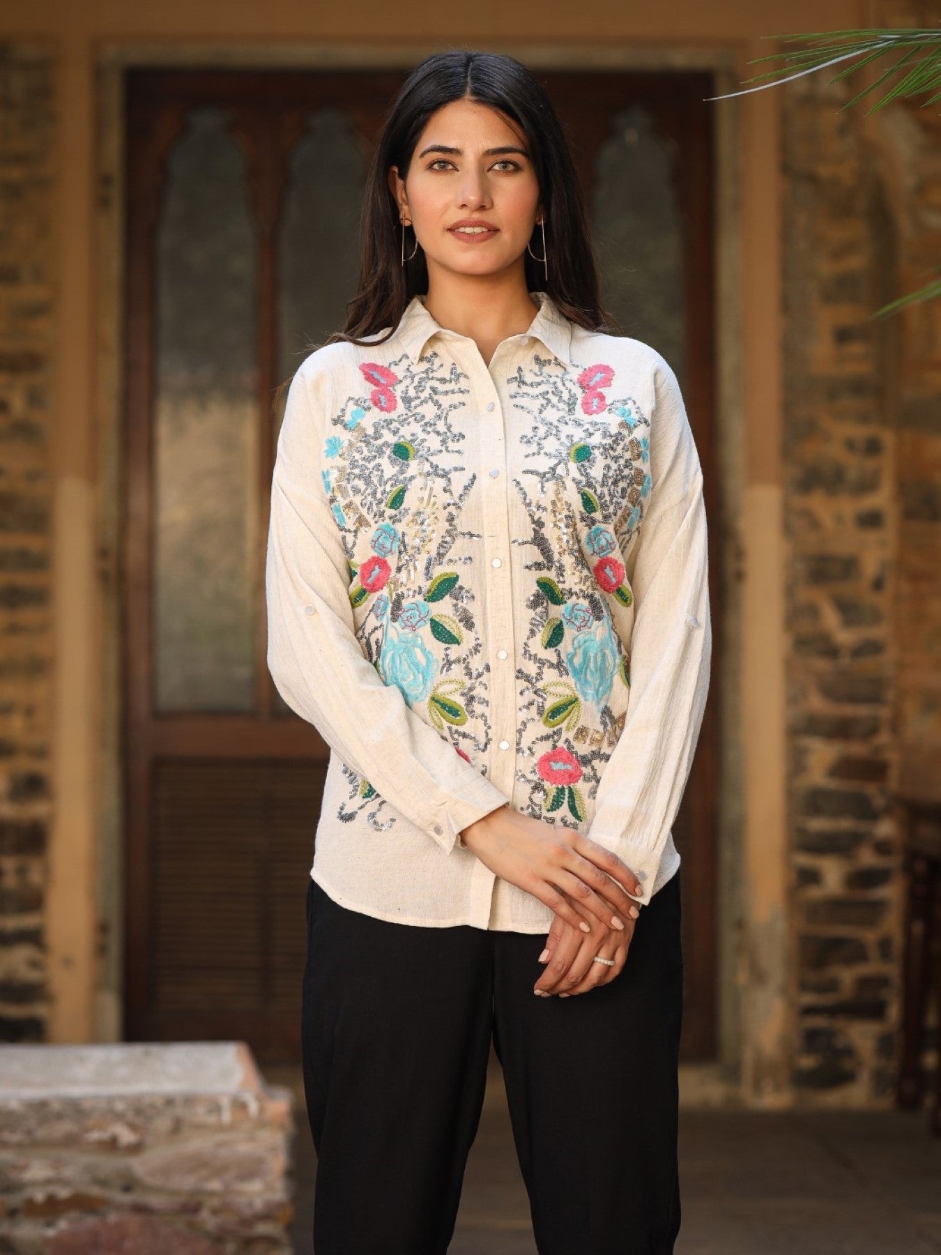 Rayon Flex Embroidered Women's Shirt - Beige | DesiQlo