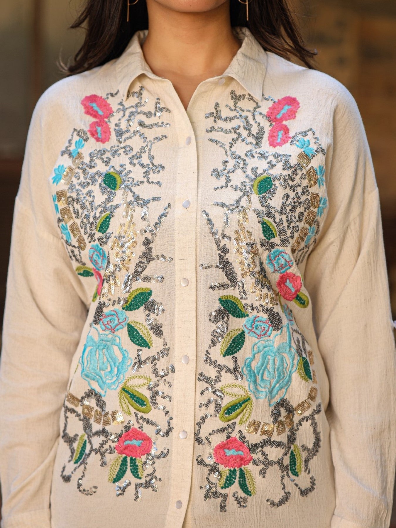 Rayon Flex Embroidered Women's Shirt - Beige | DesiQlo