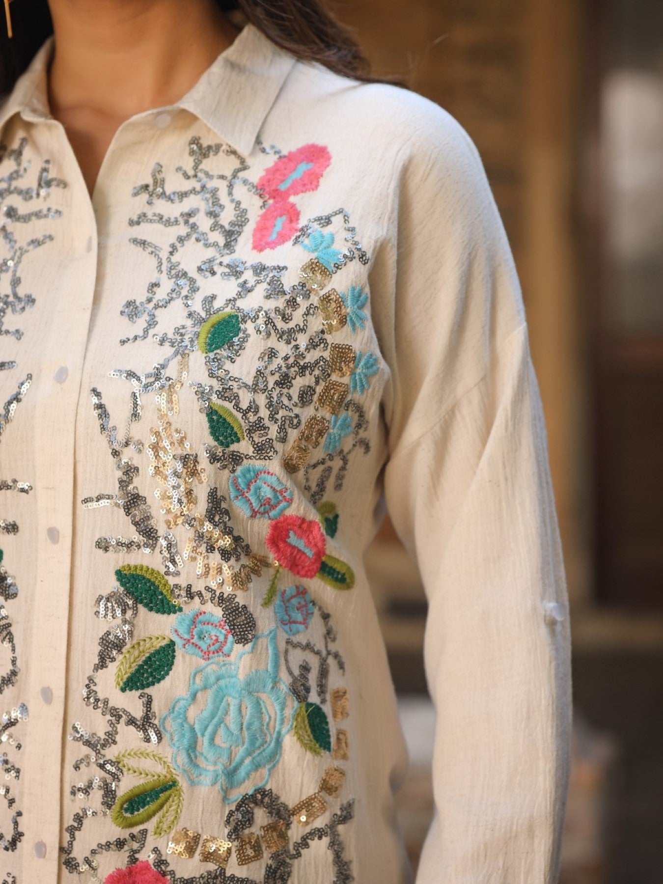 Rayon Flex Embroidered Women's Shirt - Beige | DesiQlo