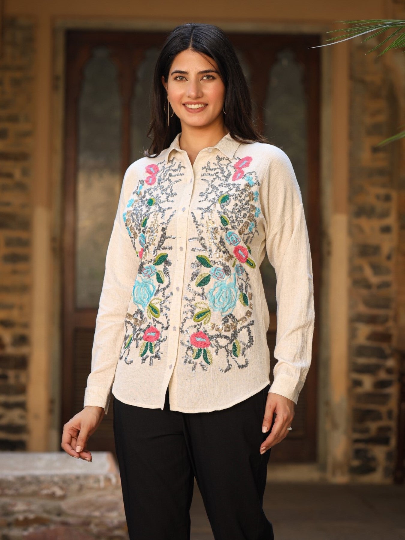 Rayon Flex Embroidered Women's Shirt - Beige | DesiQlo