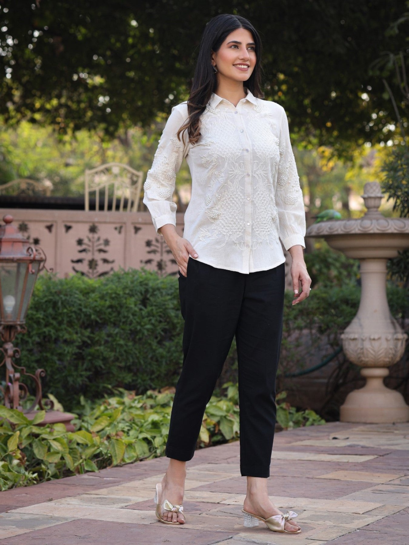 Rayon Flex Thread Embroidered Women's Shirt With Beads Work | DesiQlo
