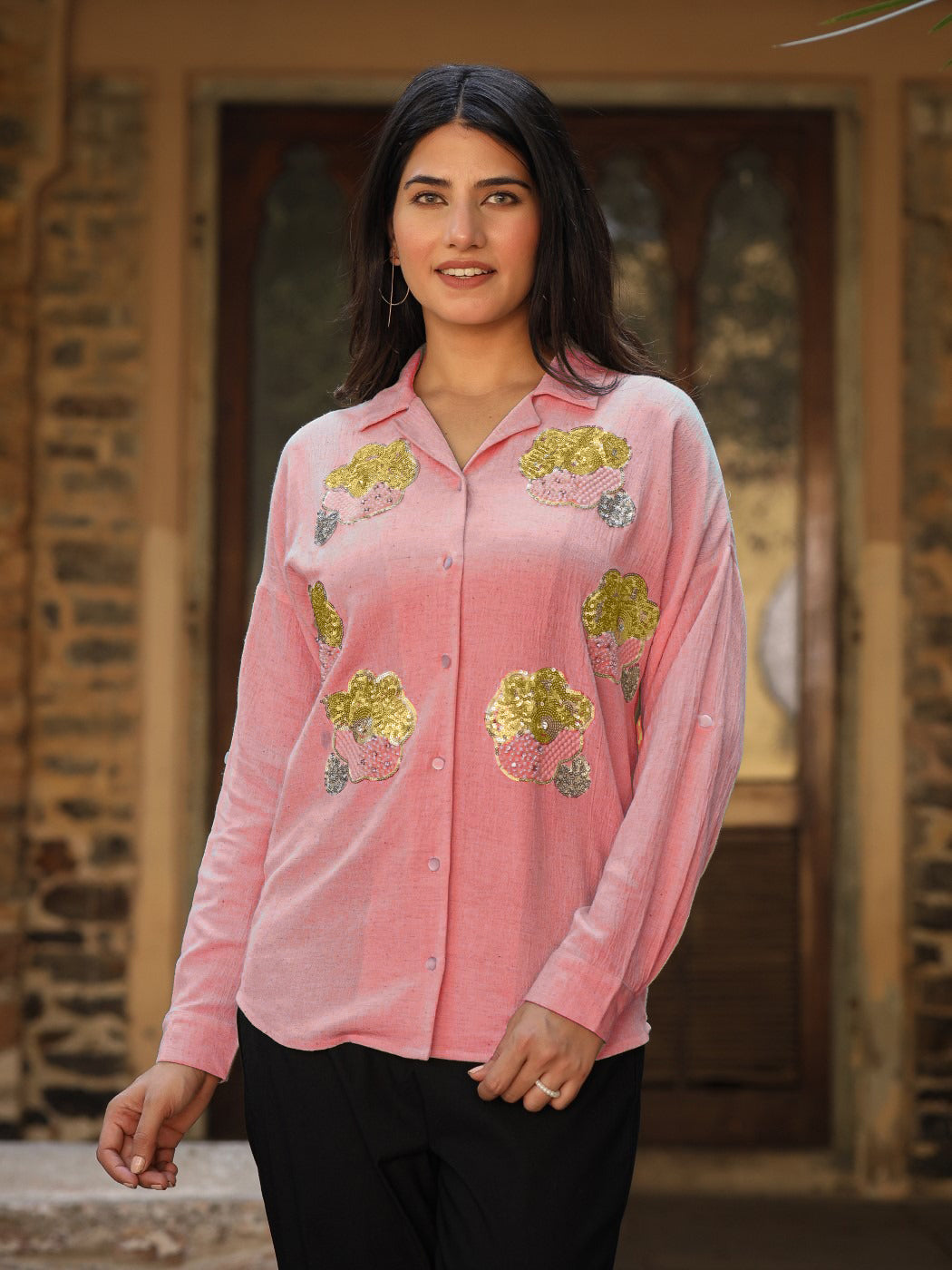 Rayon Flex Embroidered Women's Shirt - Pink | DesiQlo