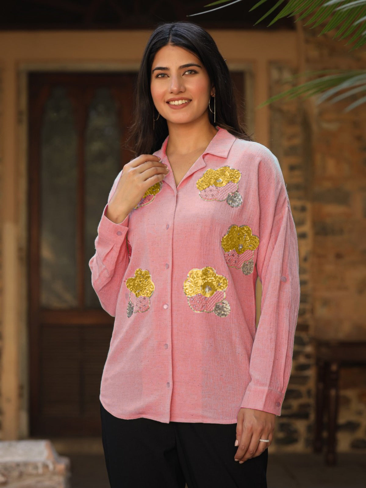 Rayon Flex Embroidered Women's Shirt - Pink | DesiQlo