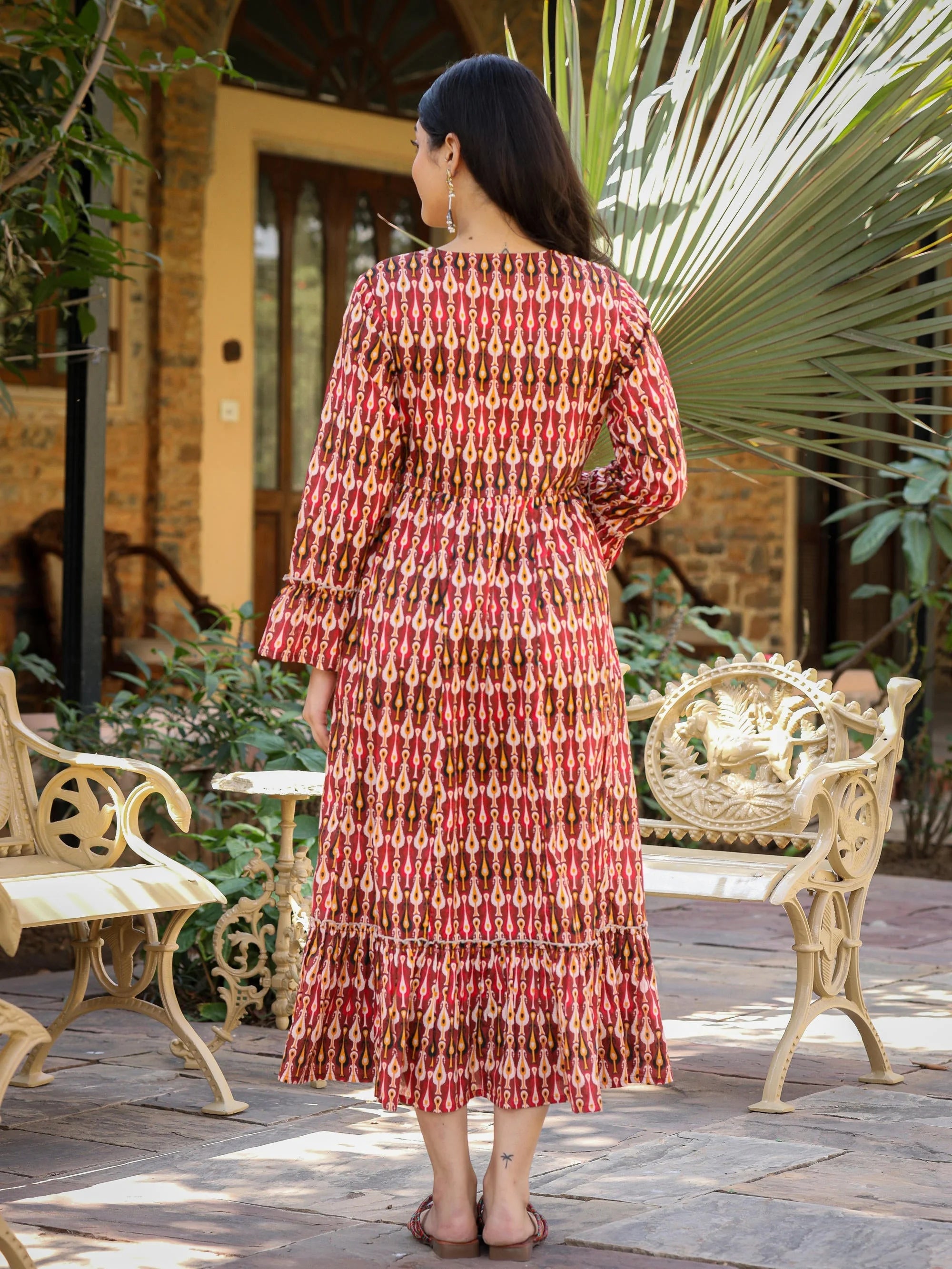 Maroon Ikat Printed Cotton Indian Dresses