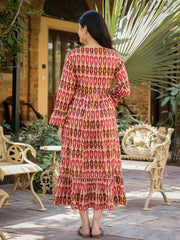 Maroon Ikat Printed Cotton Maxi Dress with Embroidered Neckline-S4551MAROON