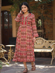 Maroon Ikat Printed Cotton Maxi Dress with Embroidered Neckline-S4551MAROON
