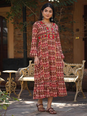 Maroon Ikat Printed Cotton Maxi Dress with Embroidered Neckline-S4551MAROON