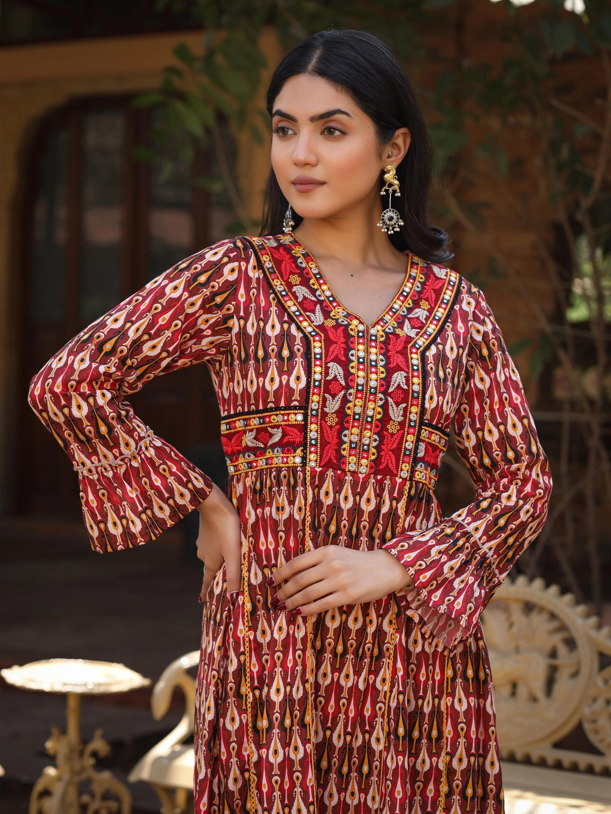 Maroon Ikat Printed Cotton Indian Dresses