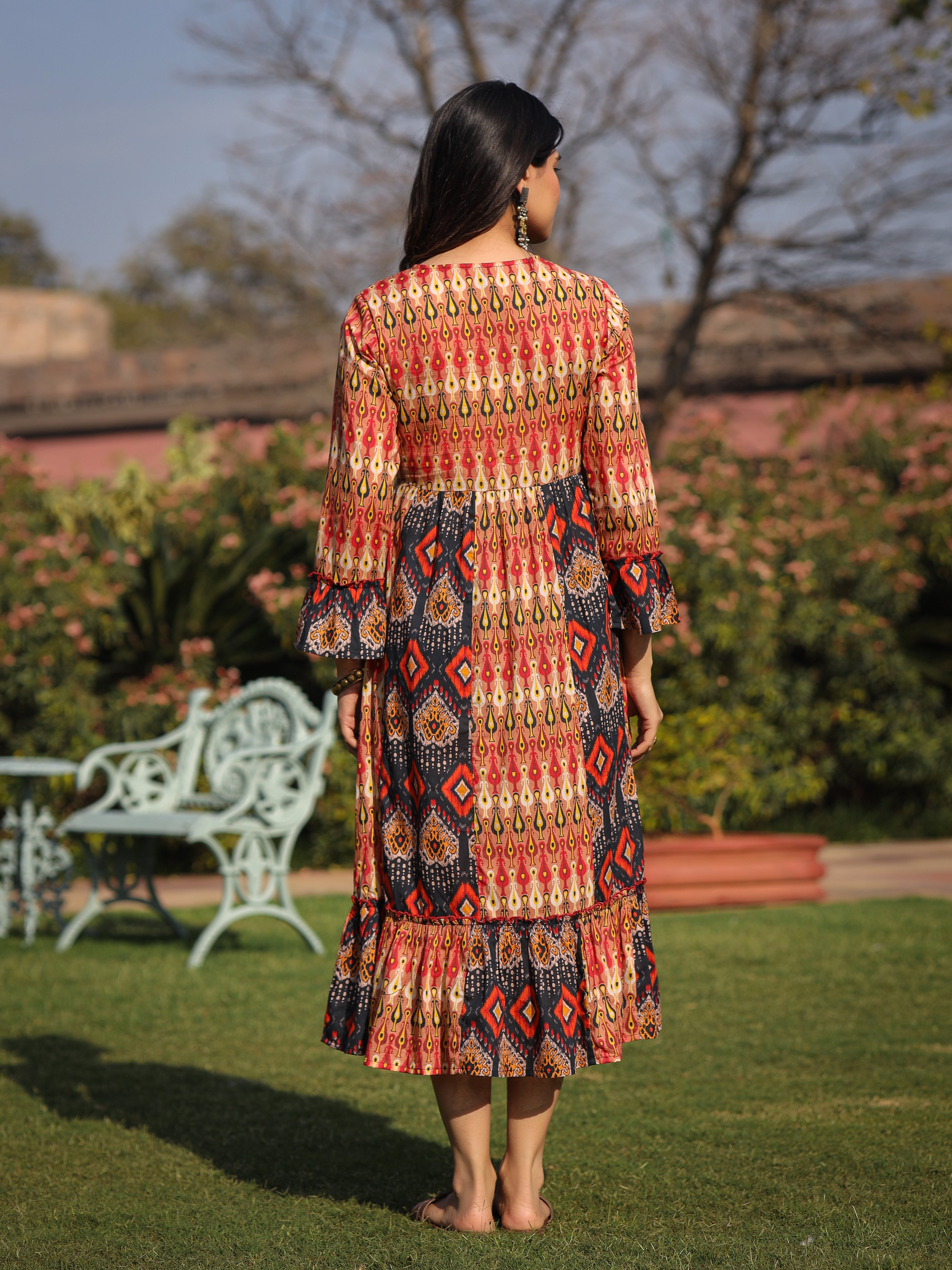 Rust Ikat Printed Cotton Maxi Dress with Embroidered Neckline | DesiQl