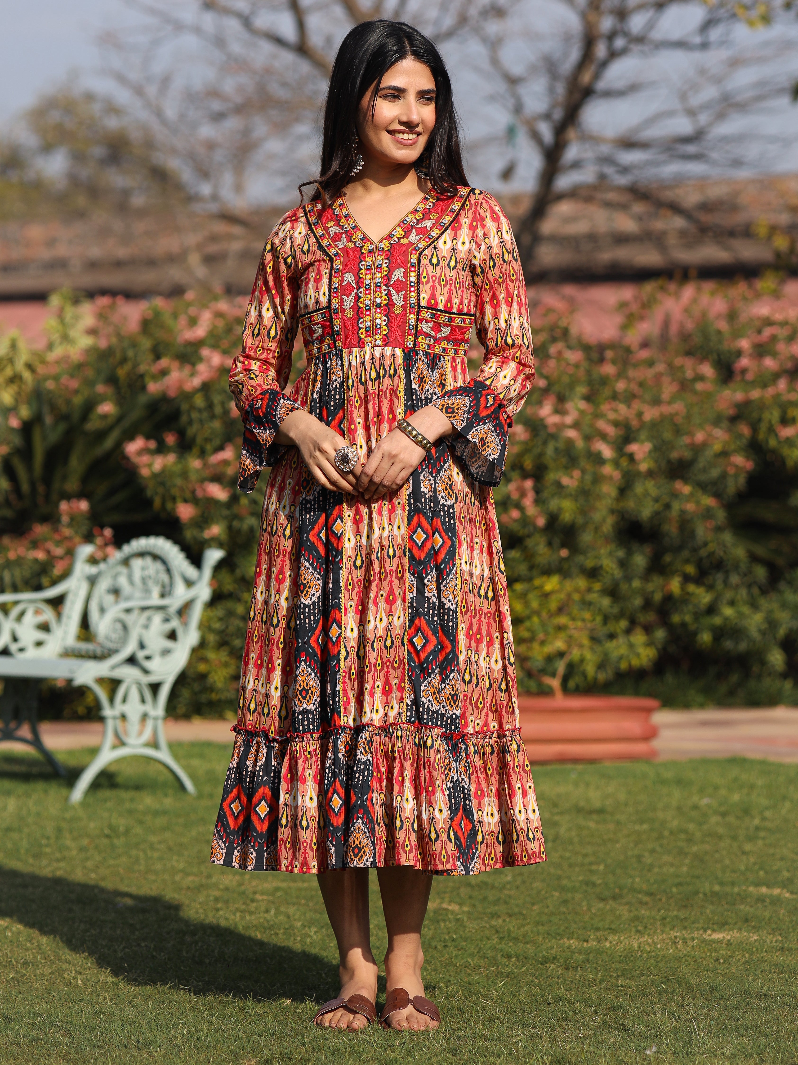 Rust Ikat Printed Cotton Maxi Dress with Embroidered Neckline | DesiQl
