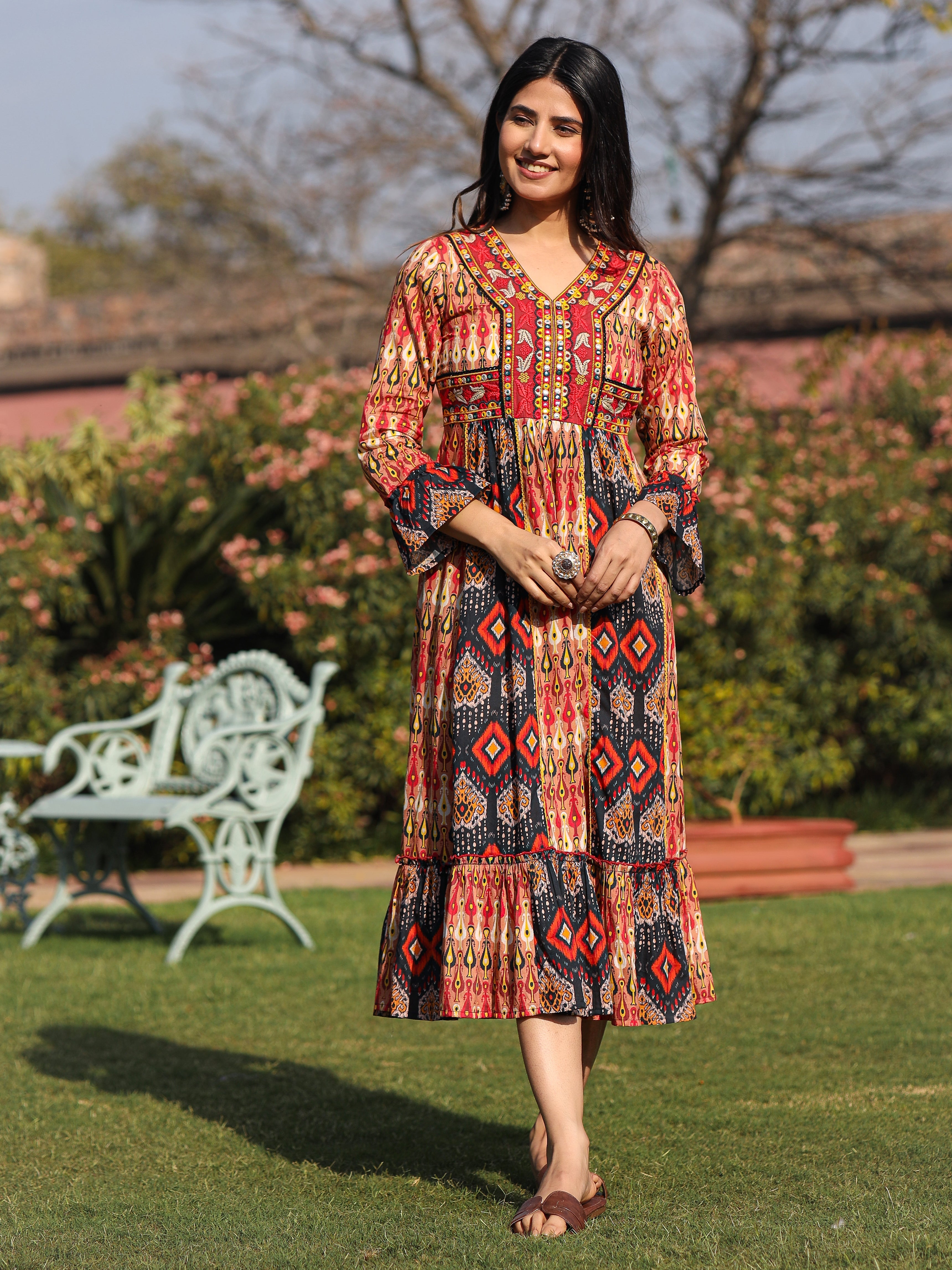Rust Ikat Printed Cotton Maxi Dress with Embroidered Neckline | DesiQl