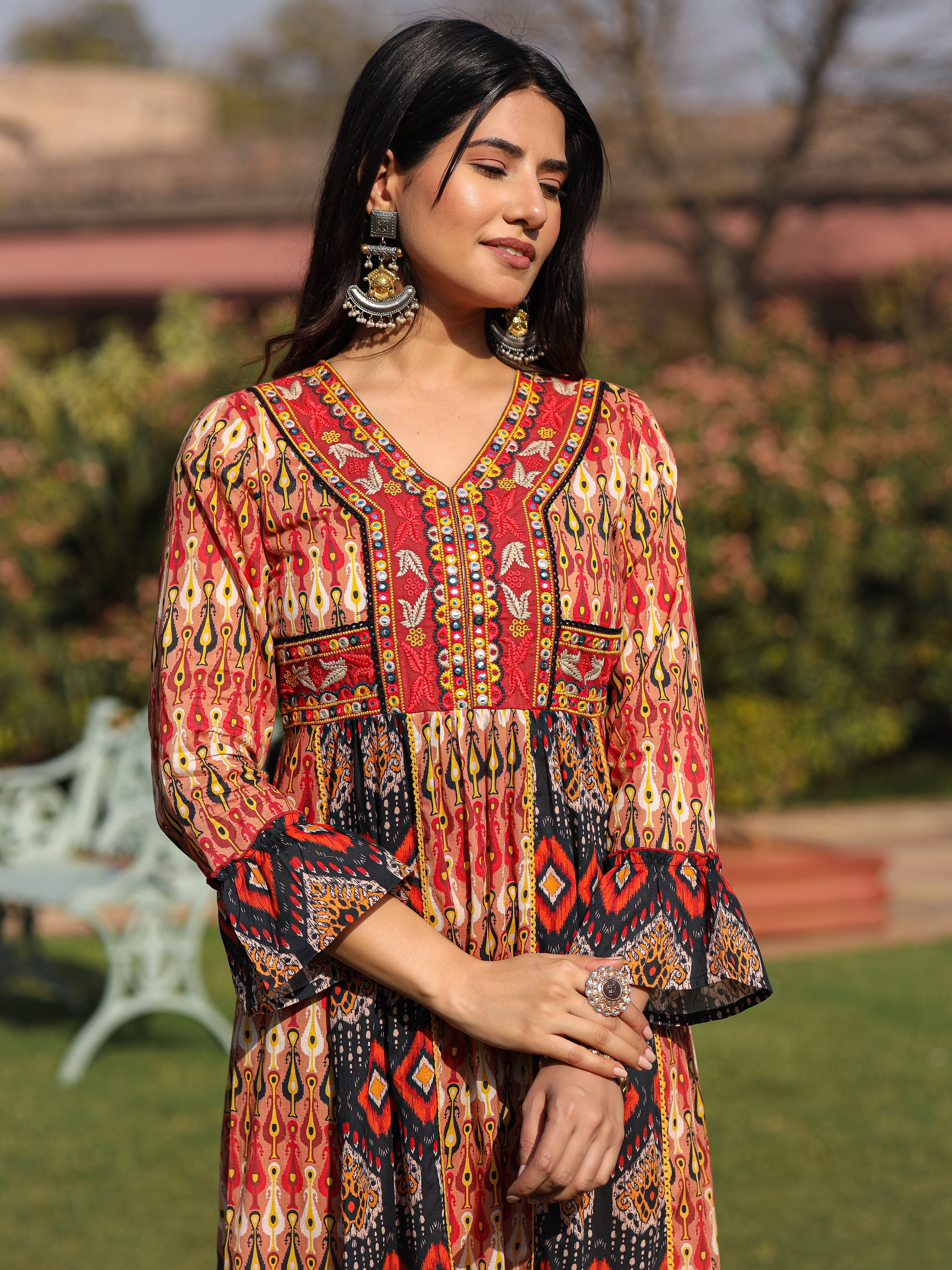 Rust Ikat Printed Cotton Maxi Dress with Embroidered Neckline | DesiQl