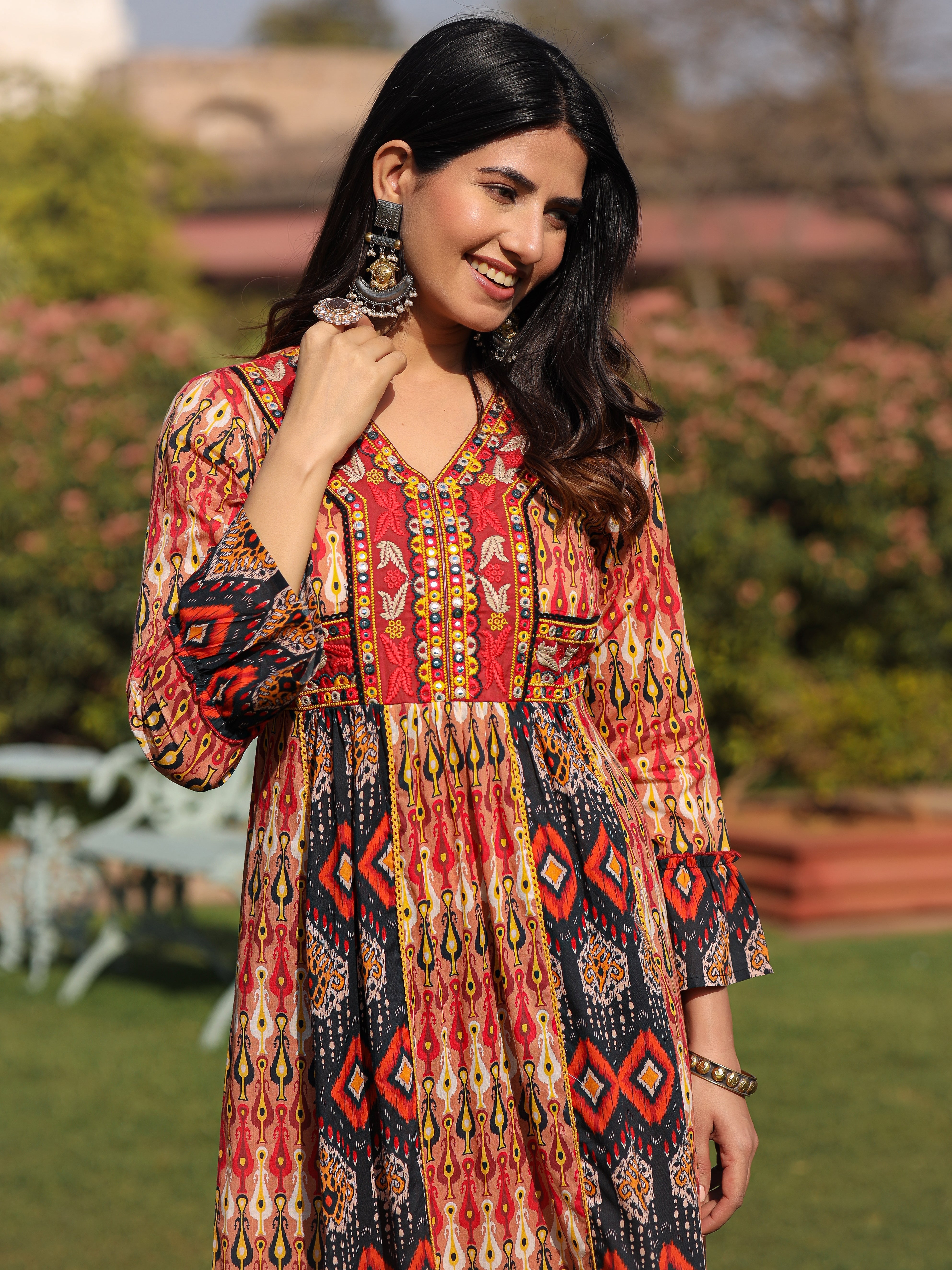Rust Ikat Printed Cotton Maxi Dress with Embroidered Neckline | DesiQl