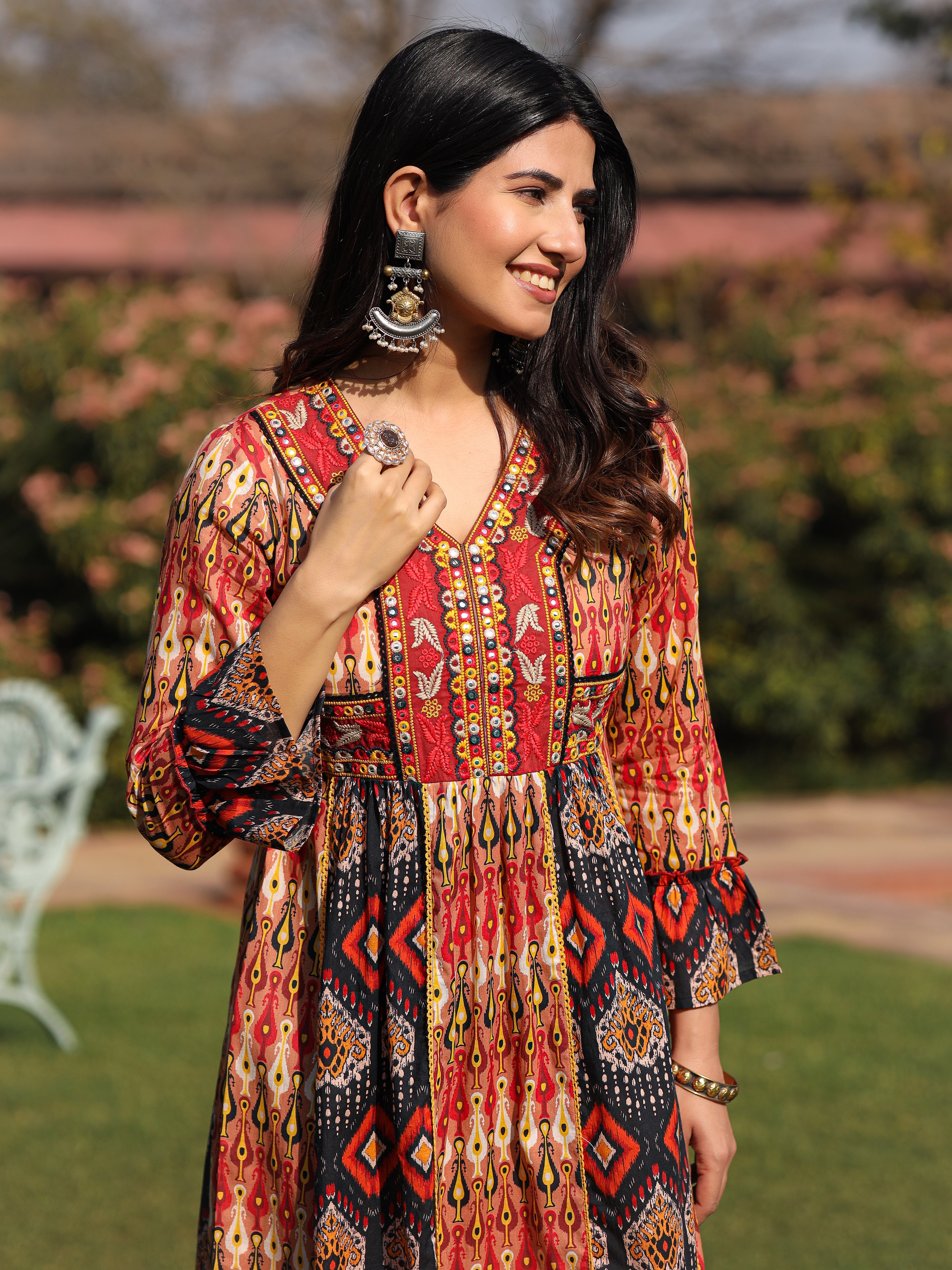 Rust Ikat Printed Cotton Maxi Dress with Embroidered Neckline | DesiQl