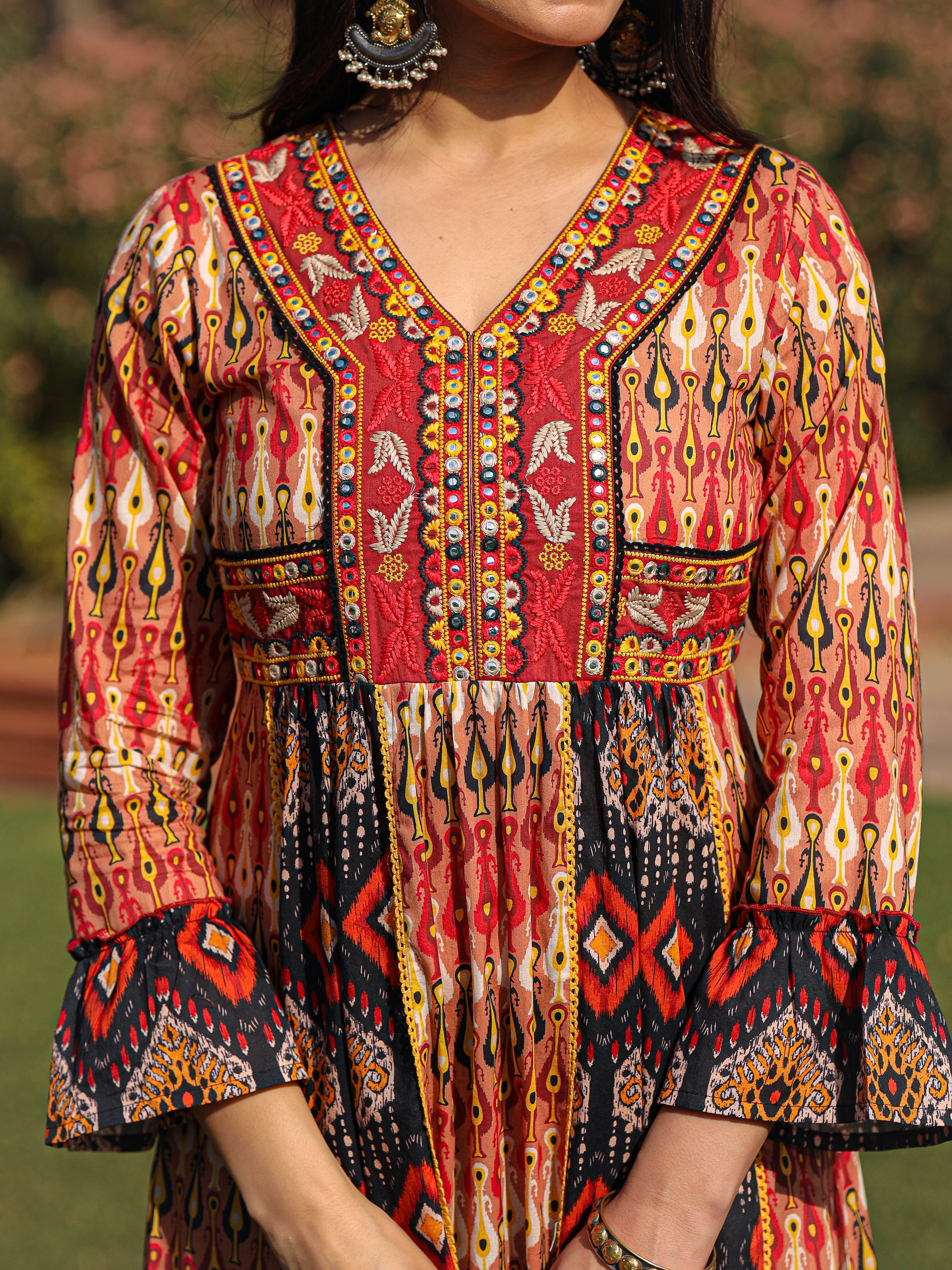Rust Ikat Printed Cotton Maxi Dress with Embroidered Neckline | DesiQl
